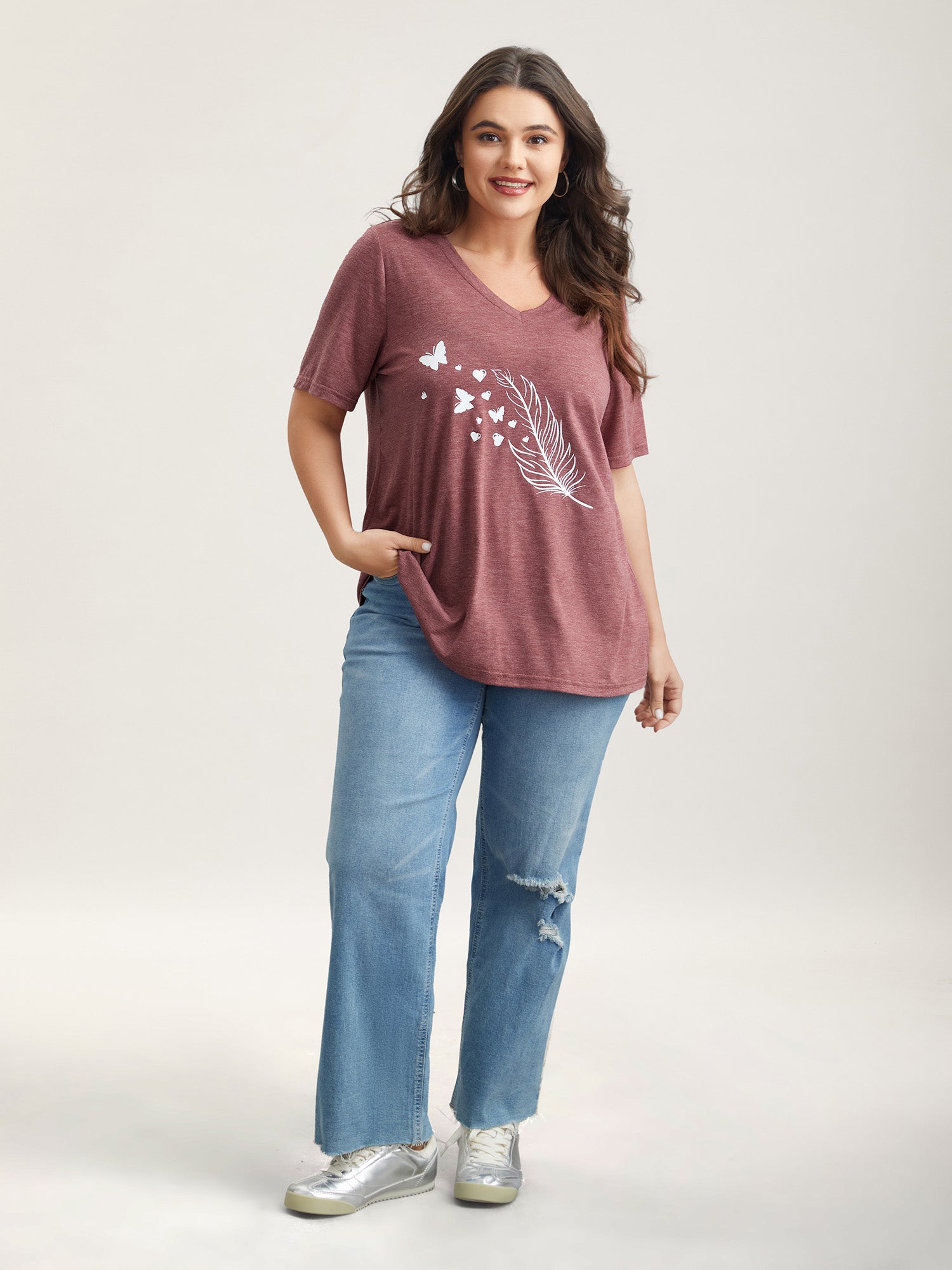 Feather Print V-Neck Fitted T-Shirt