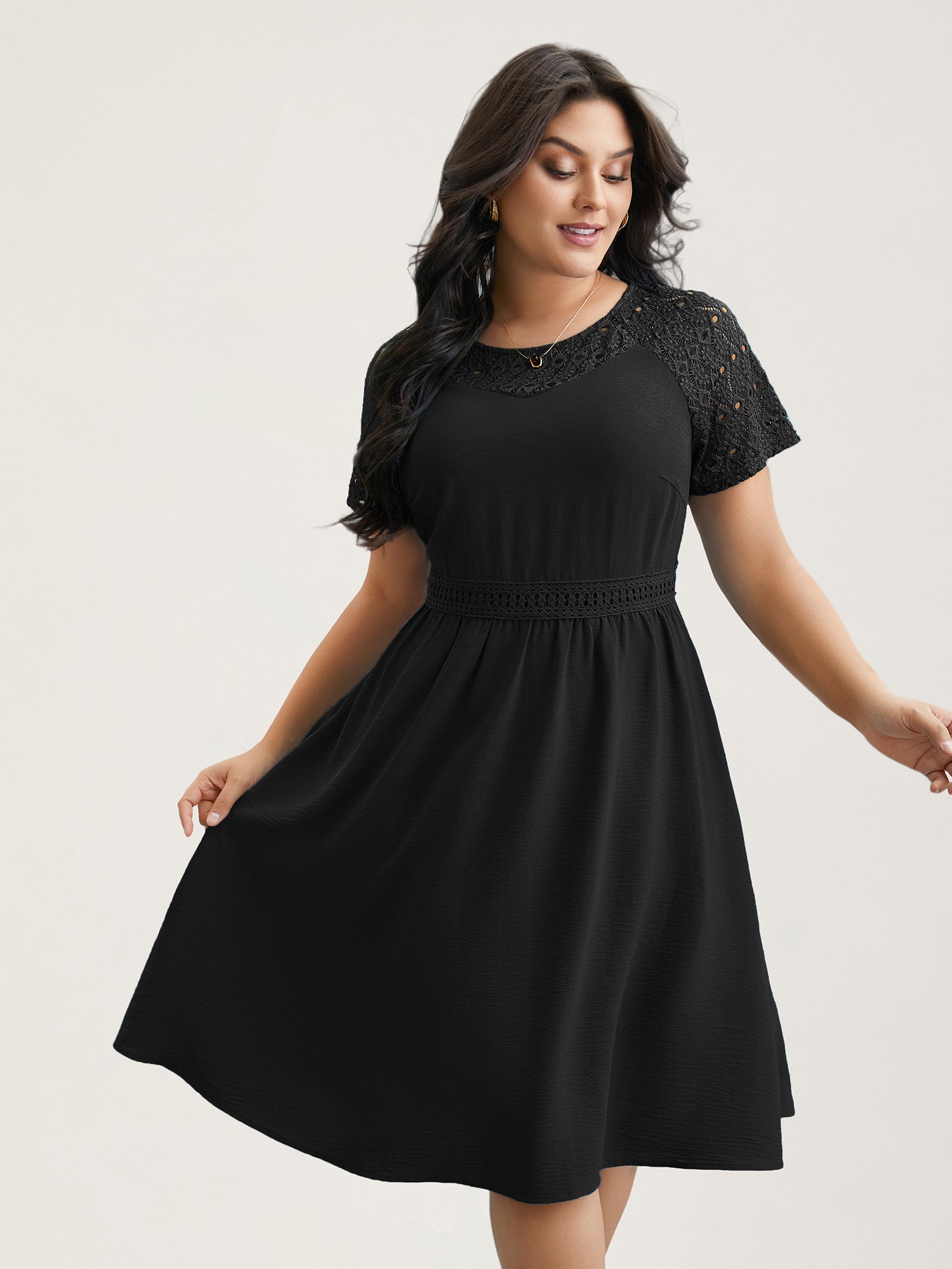 Lace Cut-Out Raglan Sleeve Pockets Midi Dress