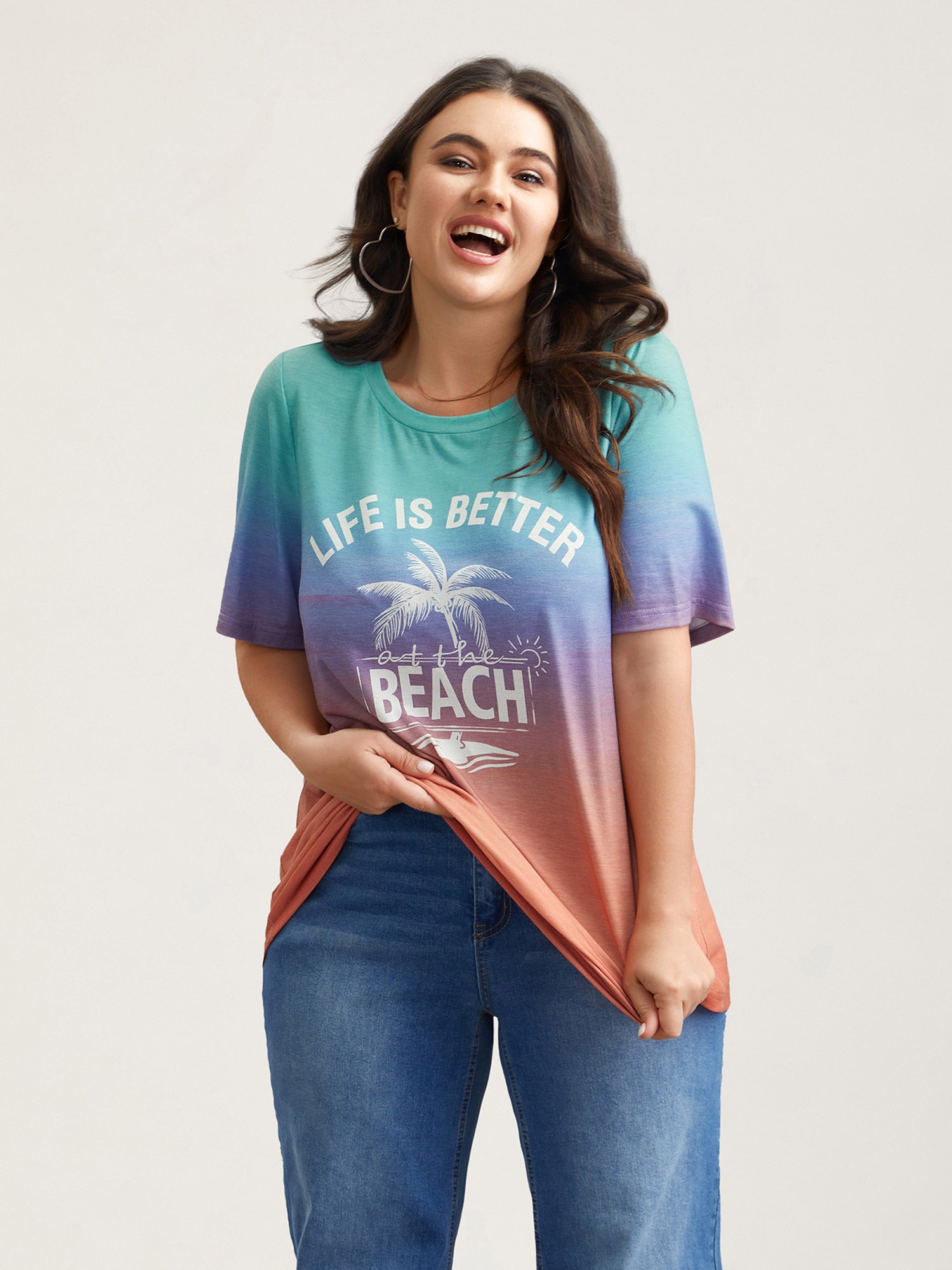 Gradient Beach Print Fitted T-Shirt