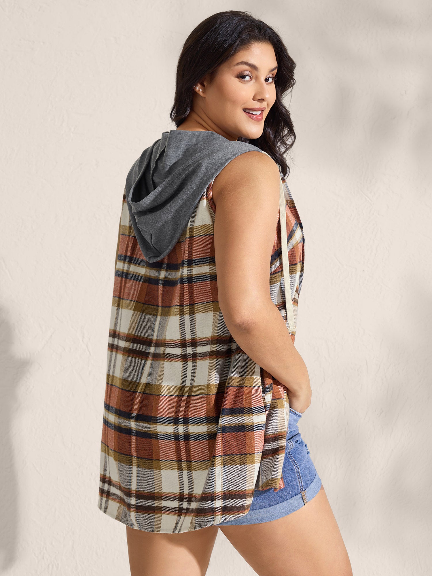 Plaid Print Color Contrast Hooded Vest
