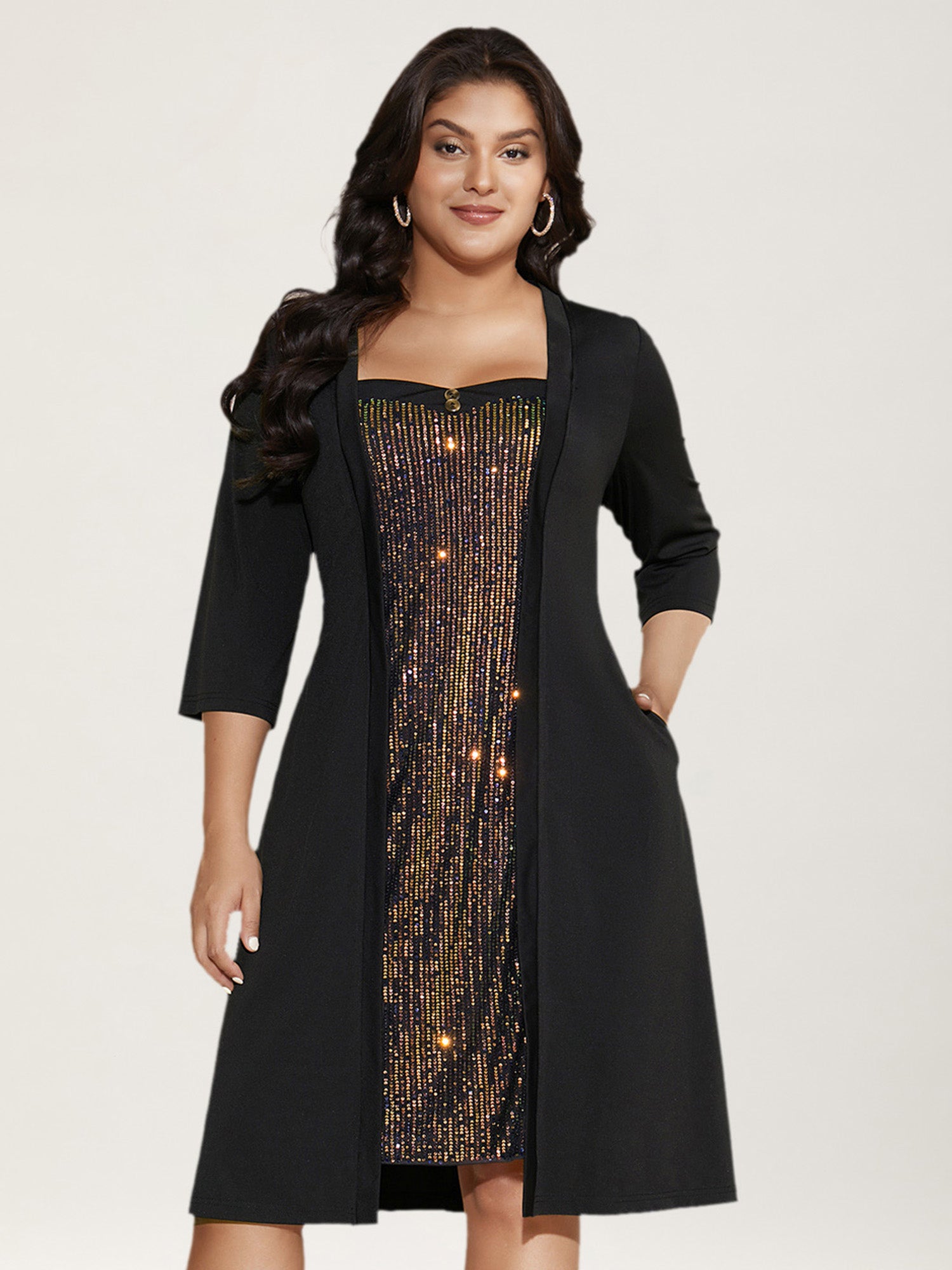 Heart Neckline Patchwork Sequin Button Detail Dress