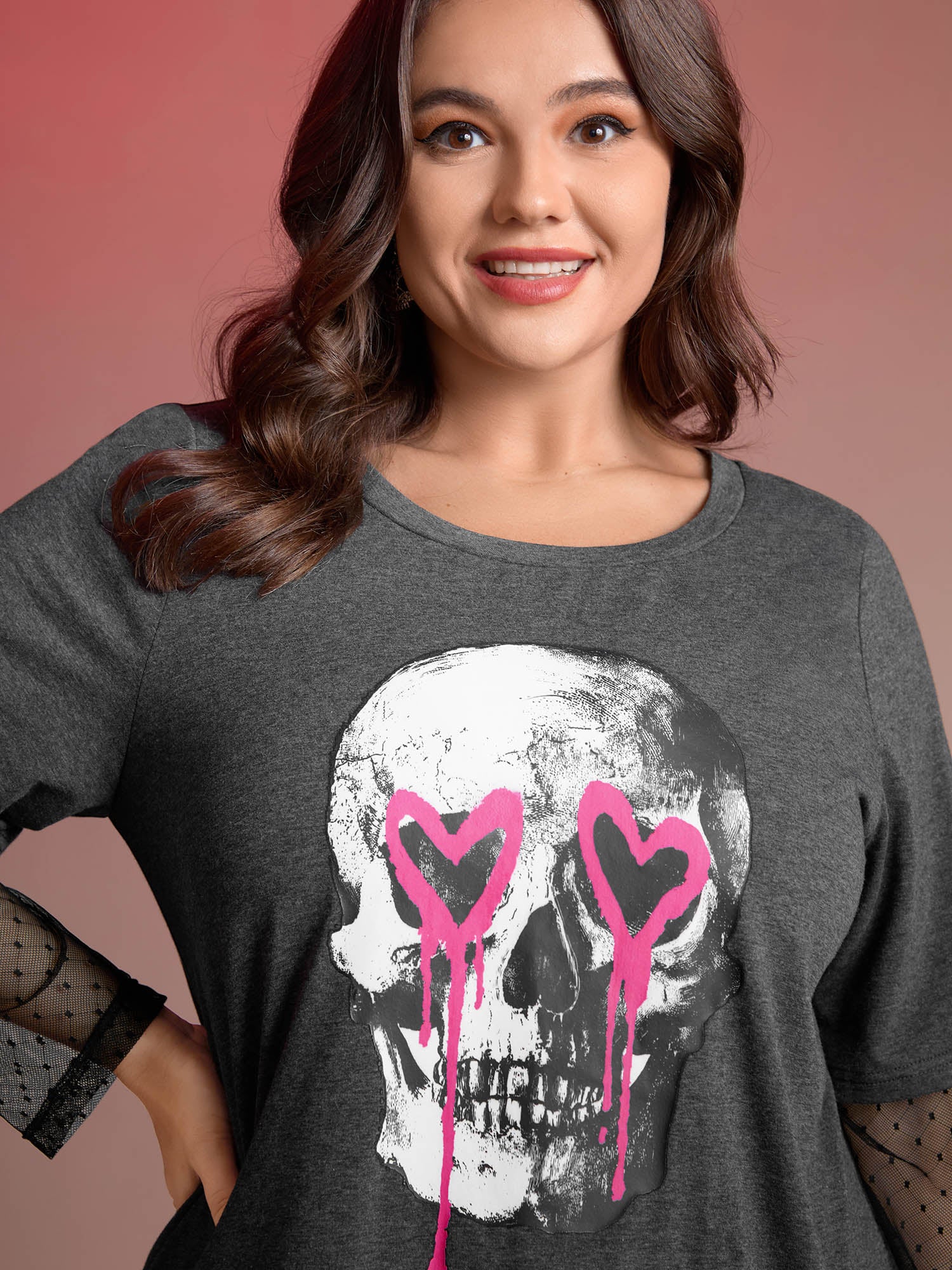 Love Skull Partial Sheer Sleeve T-Shirt