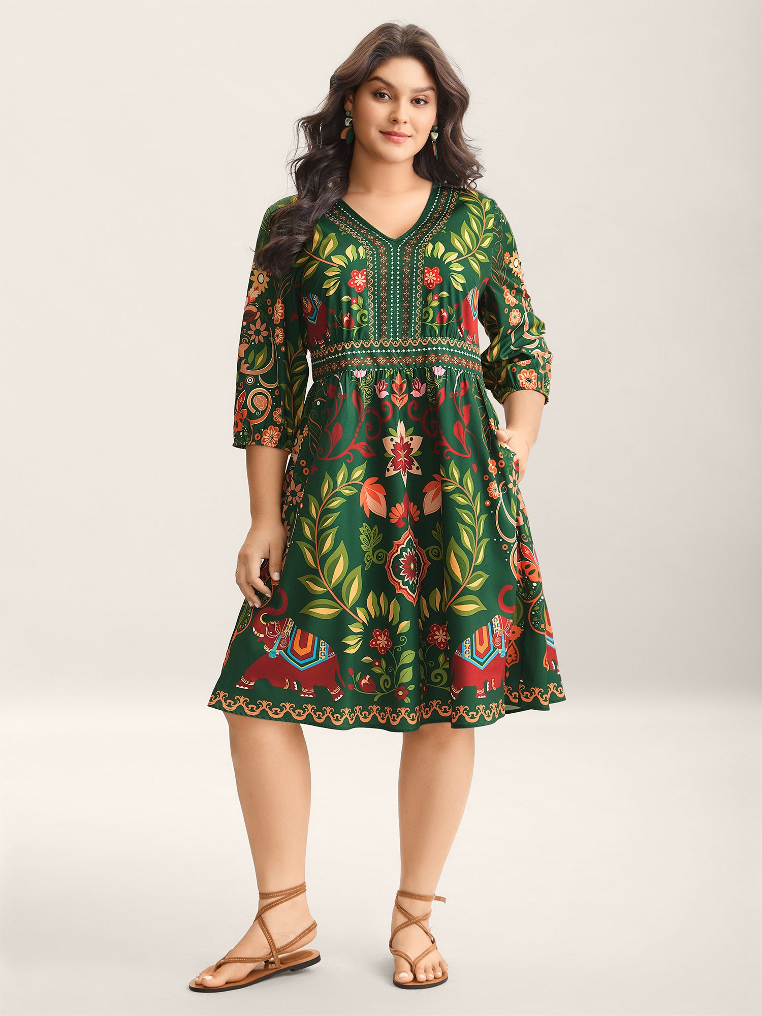 Boho Print V-Neck Pockets Midi Dress