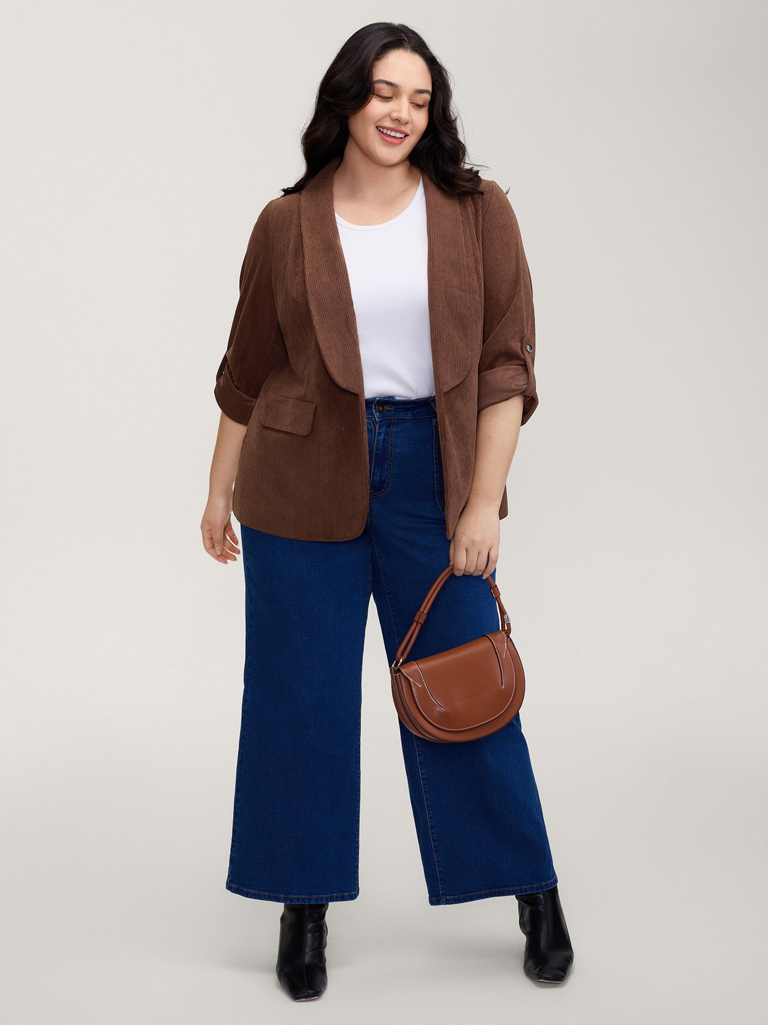 Corduroy Gathered Sleeve Ribbed Collar Blazer