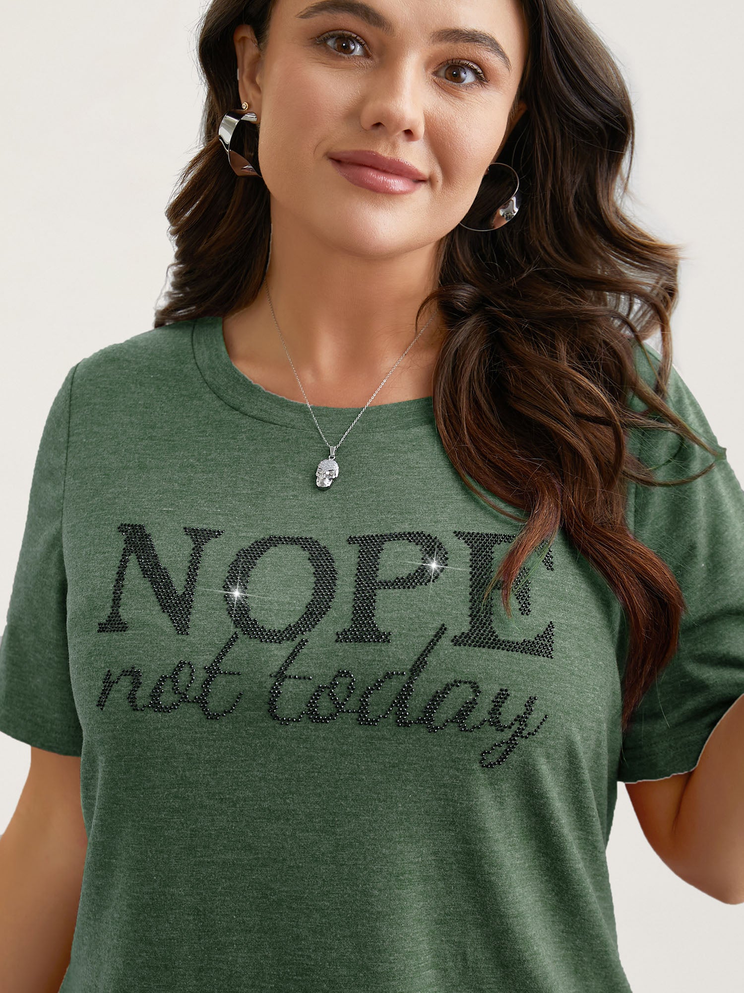 Nope Not Today Print Rhinestone Round Neck T-Shirt