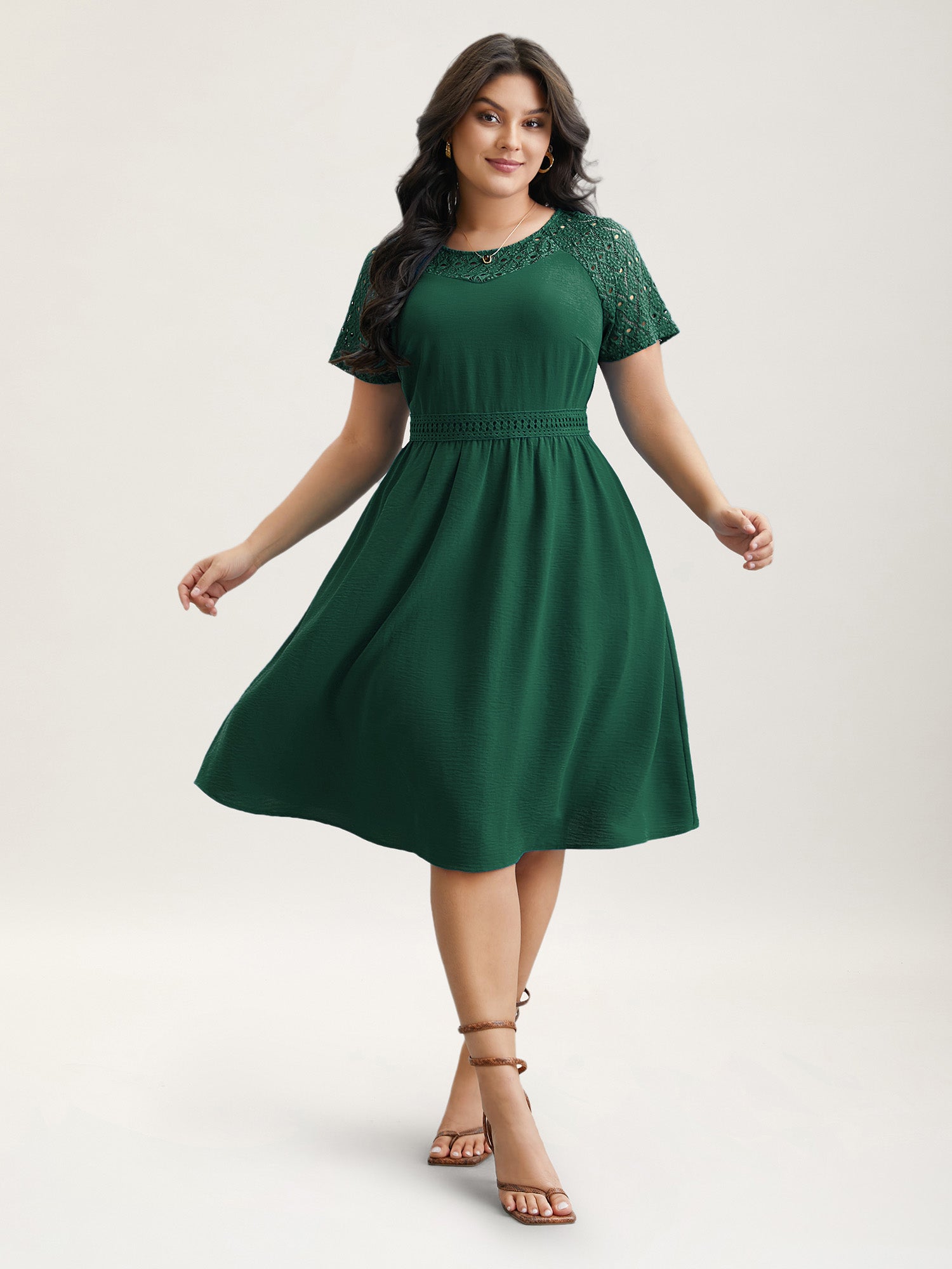 Lace Cut-Out Raglan Sleeve Pockets Midi Dress