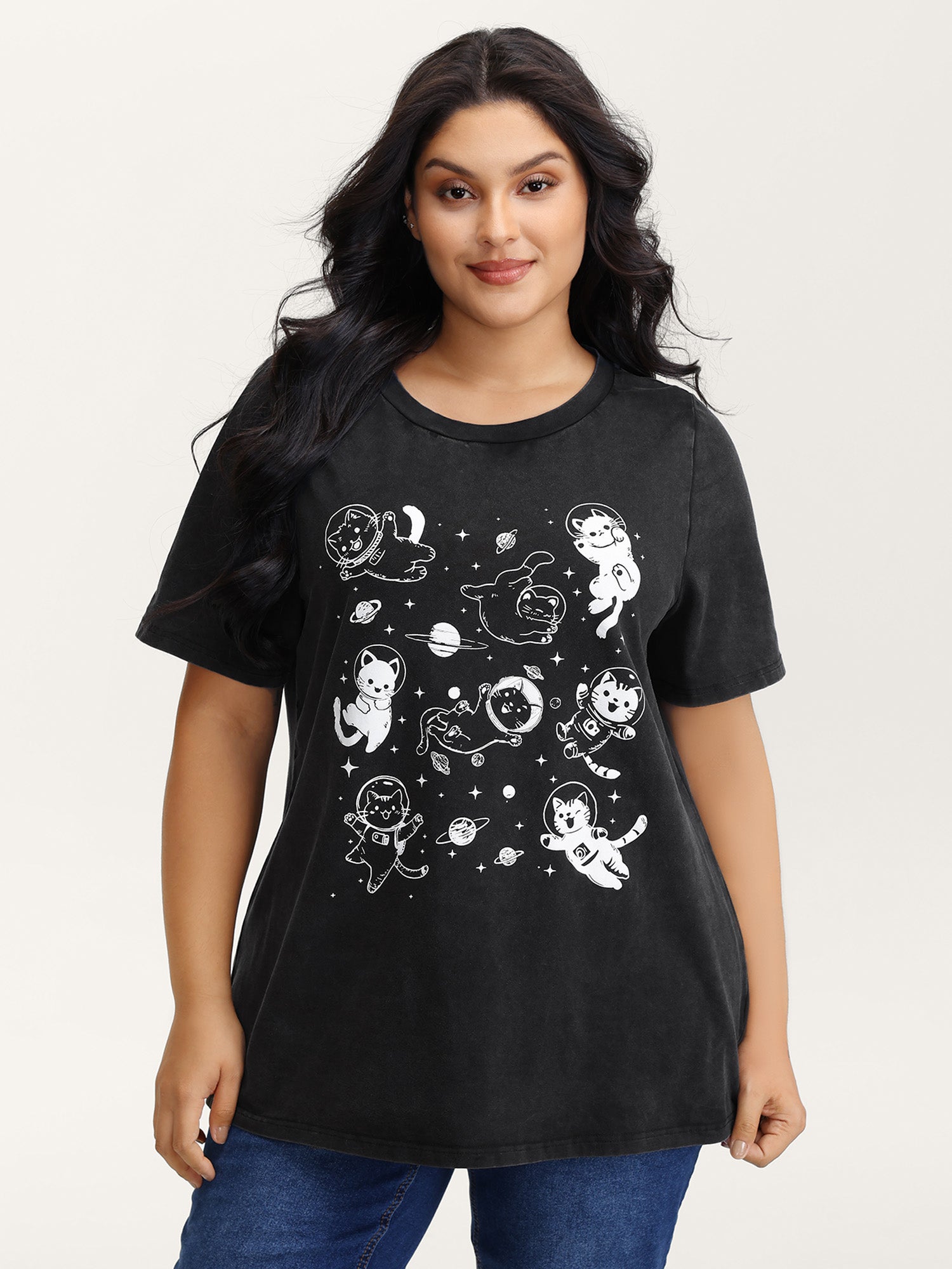 Pure Cotton Astronomer Cat Print T-Shirt