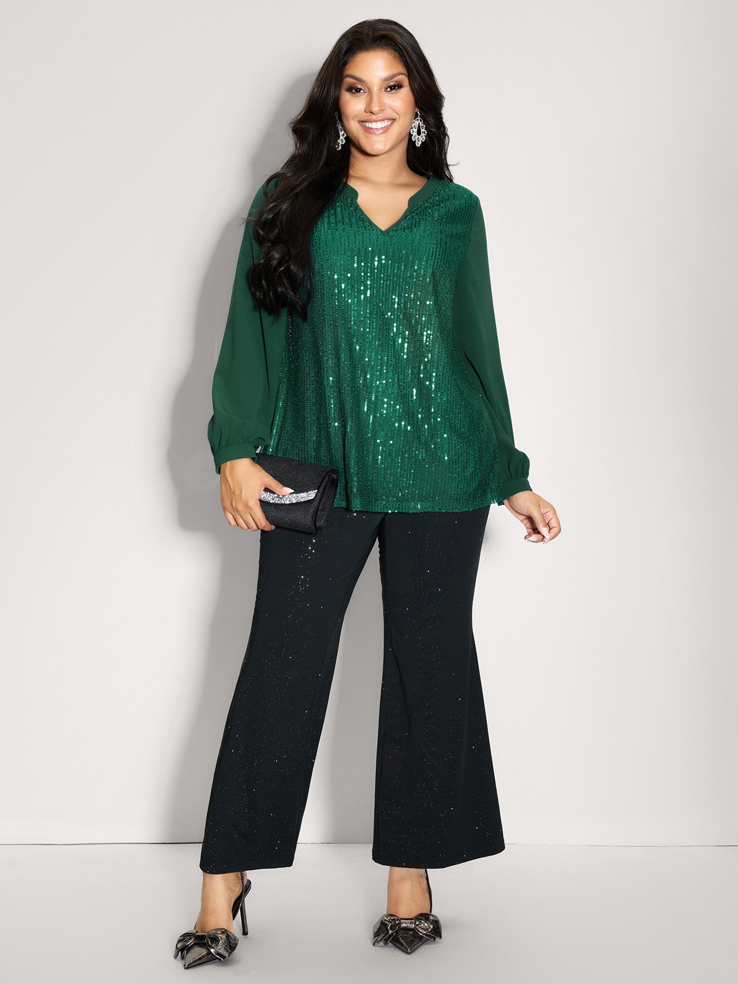 Shimmery Sequin Notched Collar Blouse