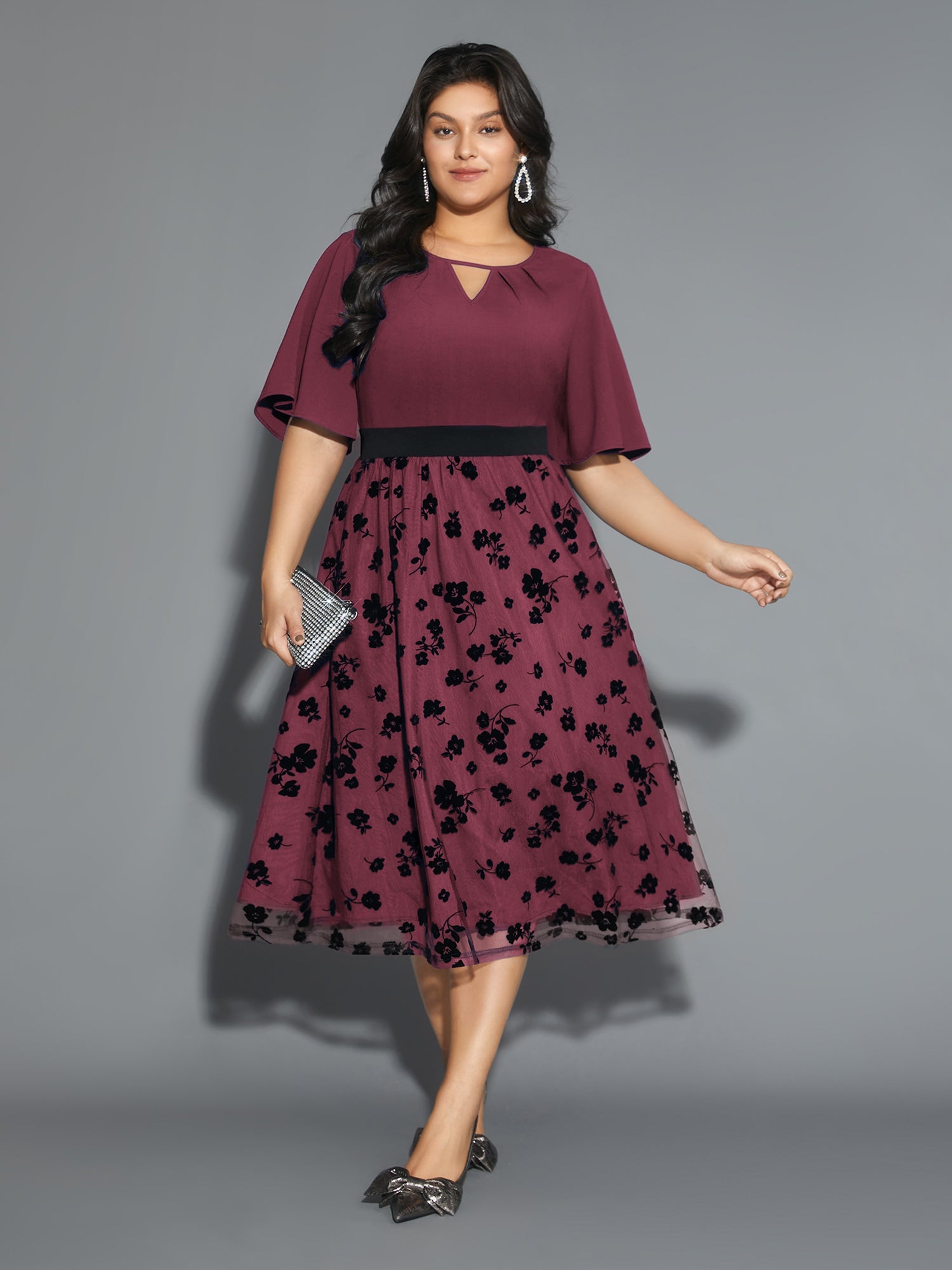 Floral Embroidered Mesh keyhole Dress