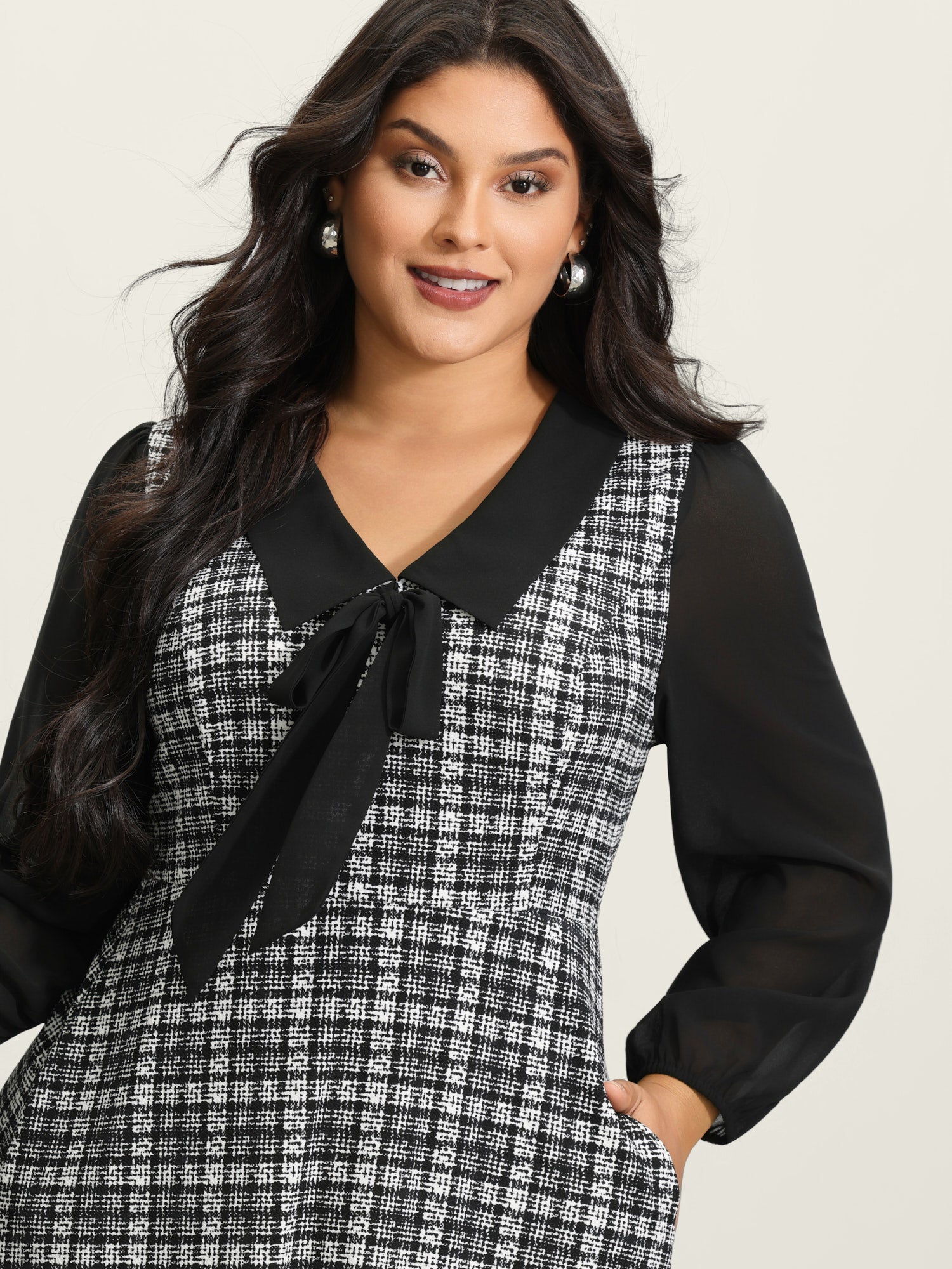 Plaid Stretchy Print Bow-Tie Midi Dress