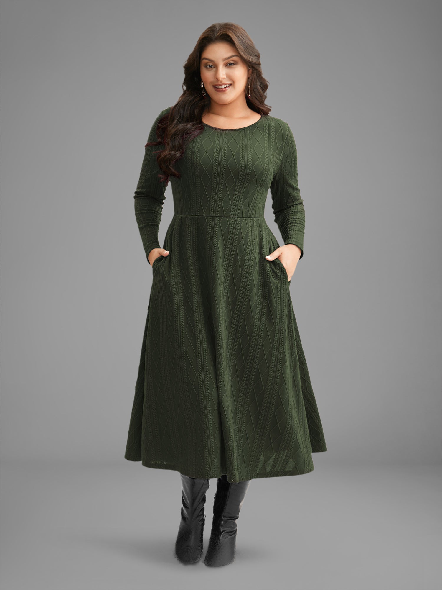 Textured Knit Fit-And-Flare Midi Dress