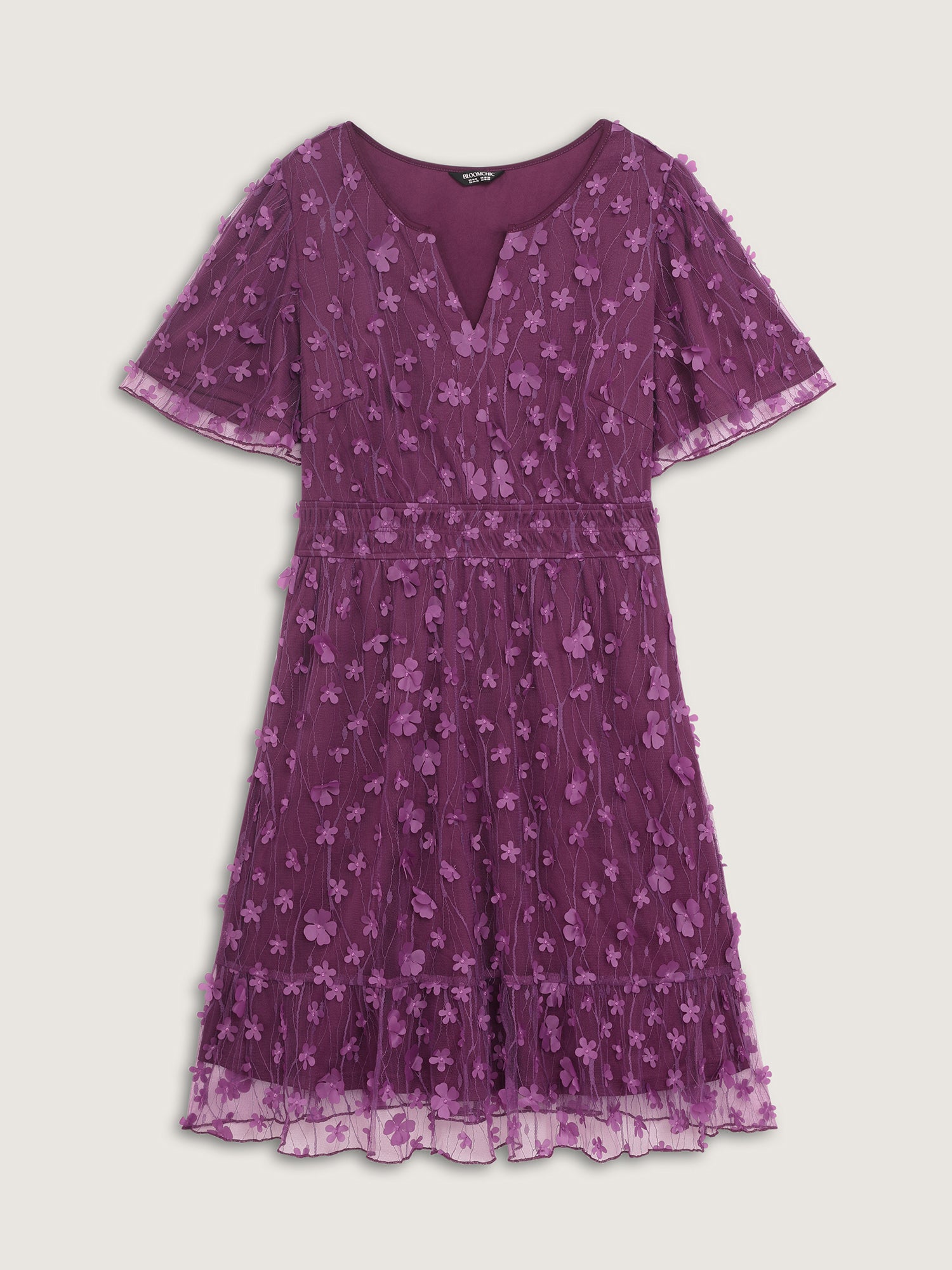 3D Floral Mesh Notched Neckline Midi Dress