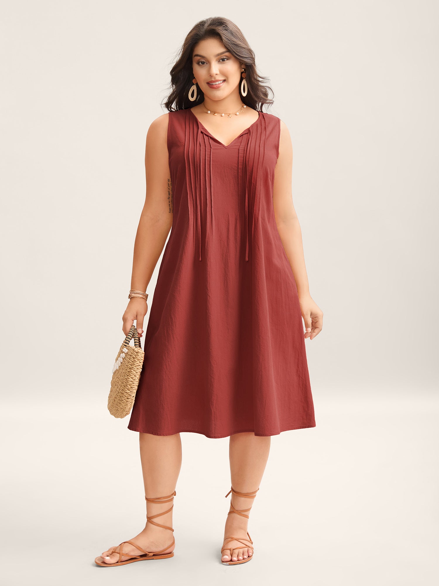 Cotton Toothpick Pleat Plain Midi Dress