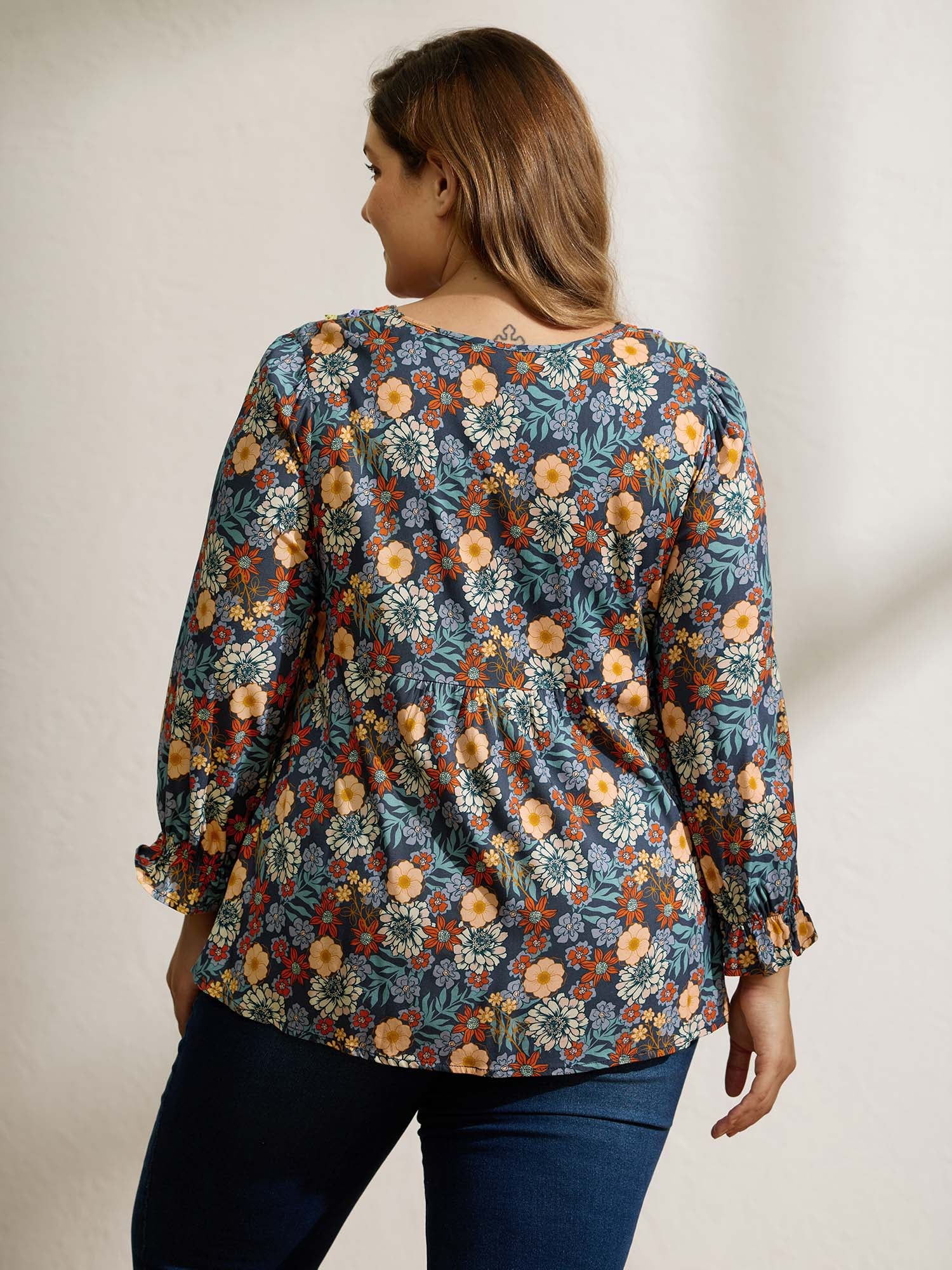 Cozy Floral Print Lace Trim Blouse