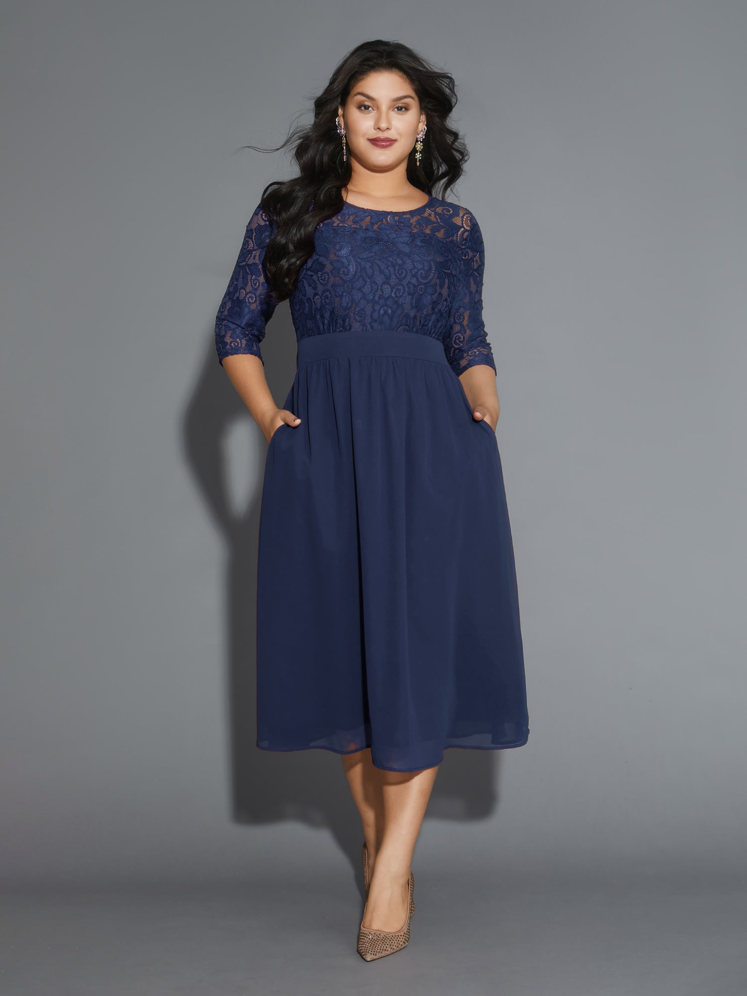 Lace Patchwork Shirred Midi Pocket Dress