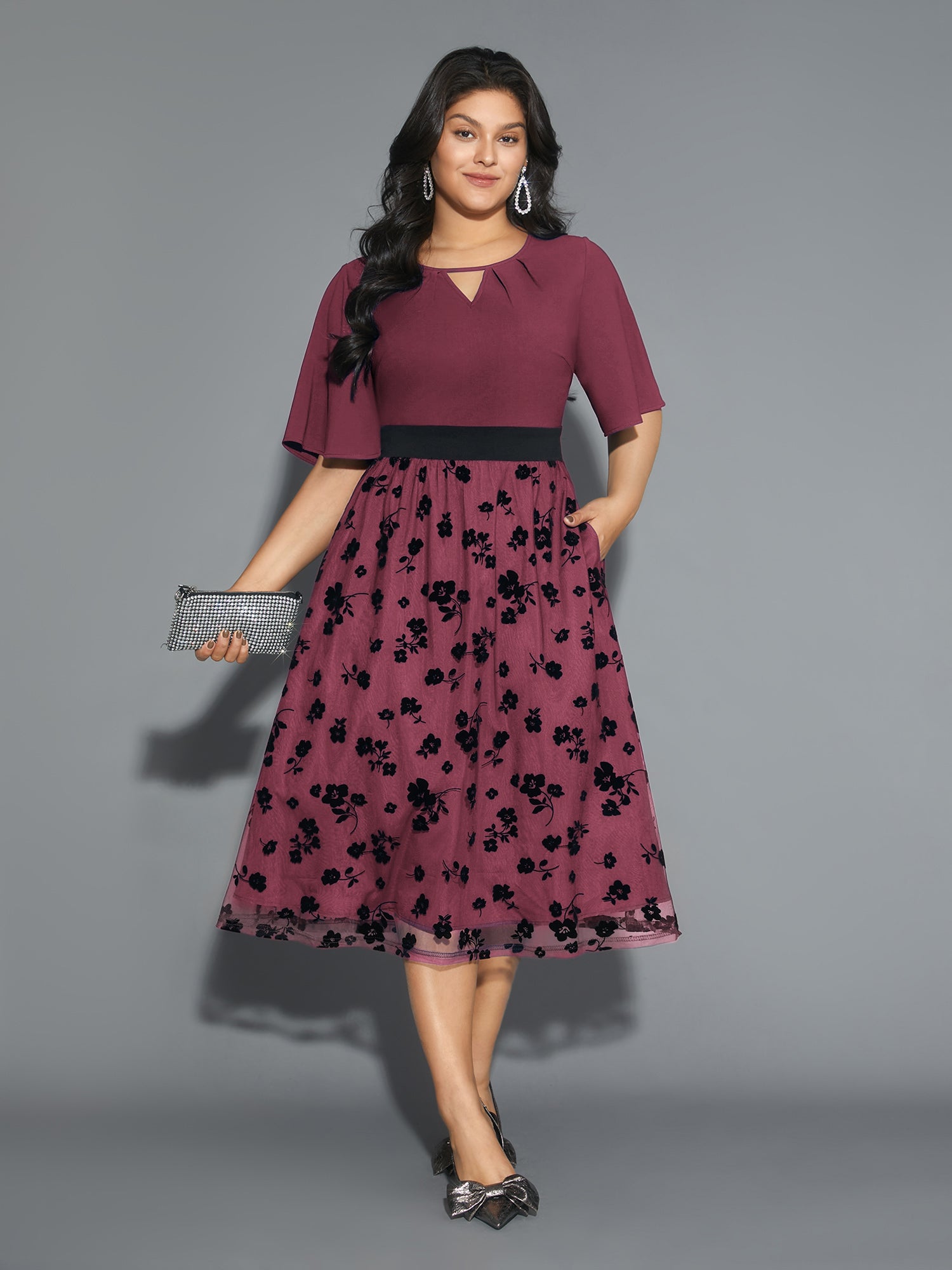 Floral Embroidered Mesh keyhole Dress