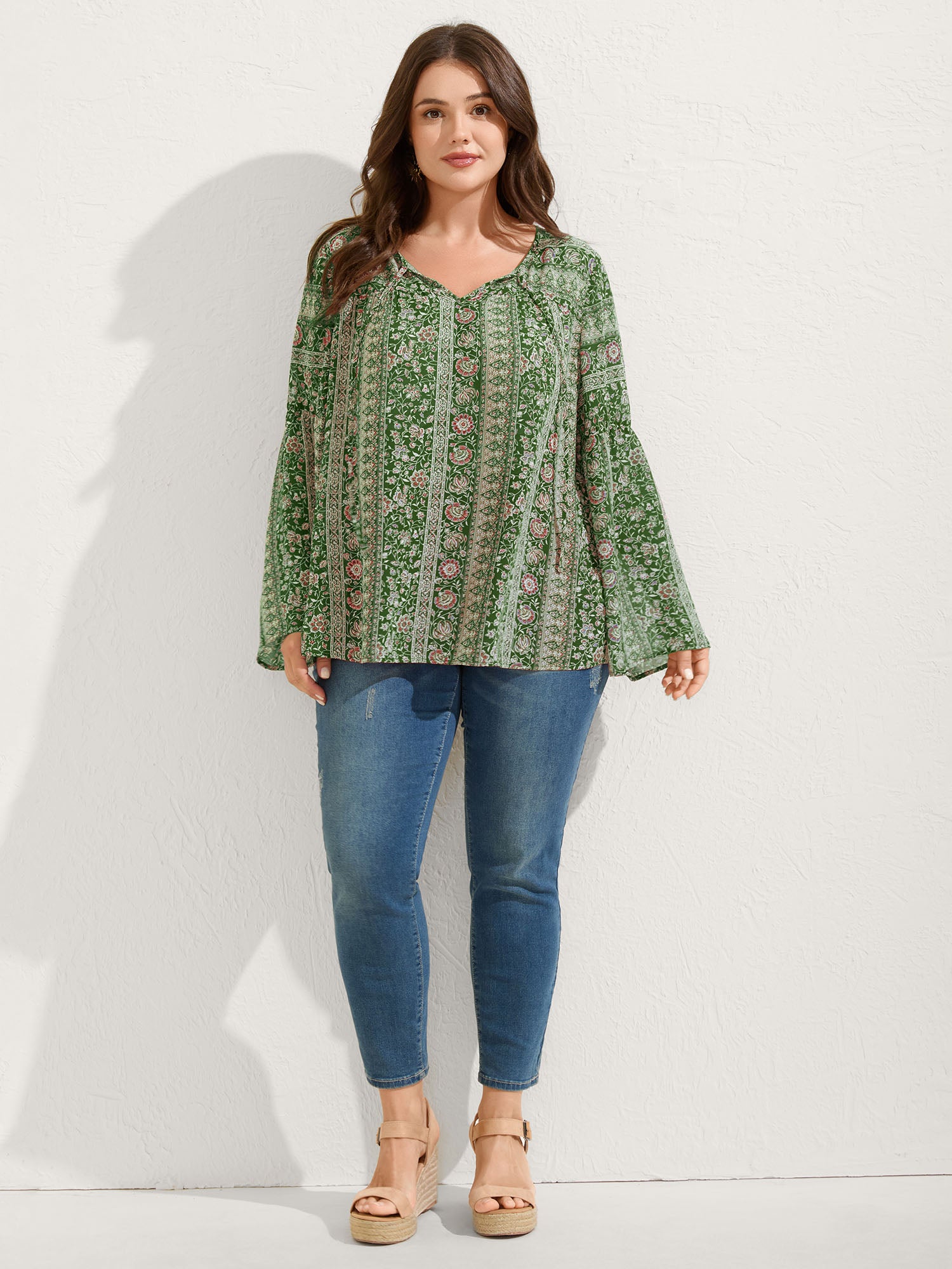 Chiffon Floral Sheer Print Neck-Tie Blouse