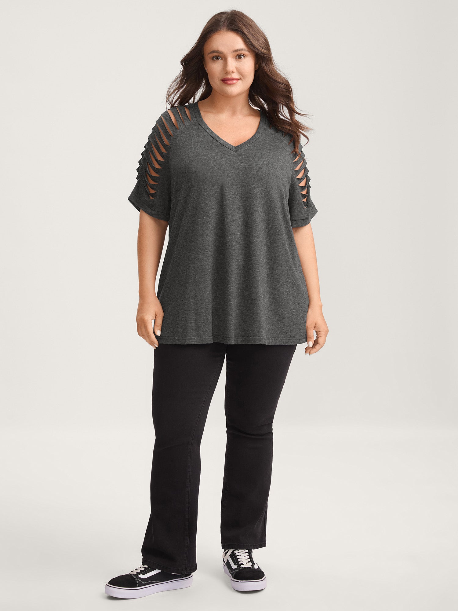 Cut-Out Sleeve V Neck T-Shirt