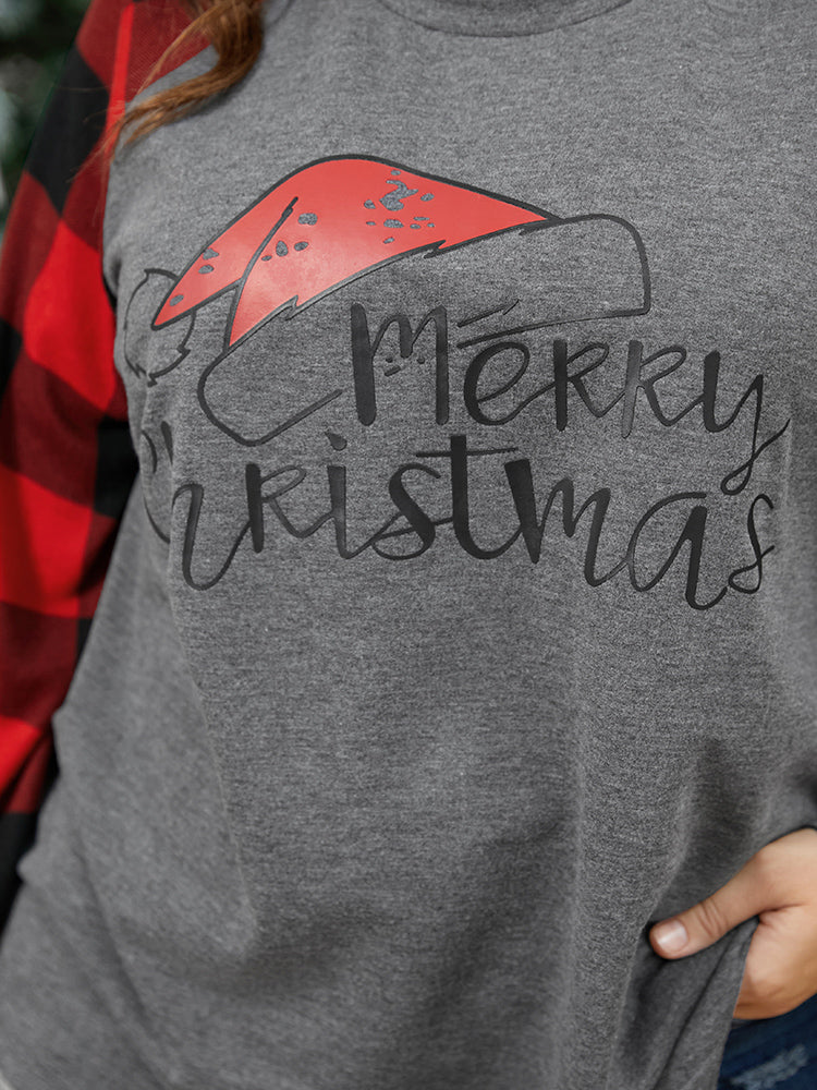 Letter Print Round Neck Plaid Long Tee