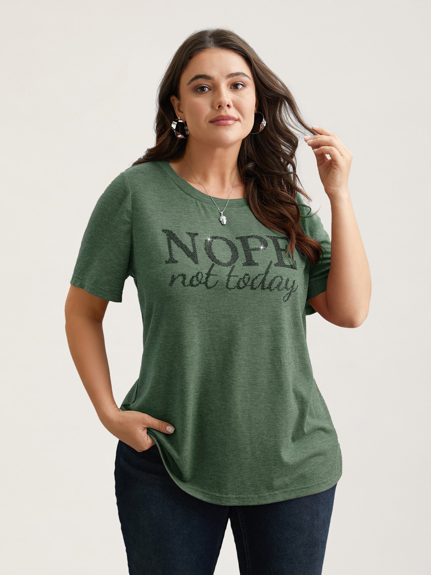 Nope Not Today Print Rhinestone Round Neck T-Shirt