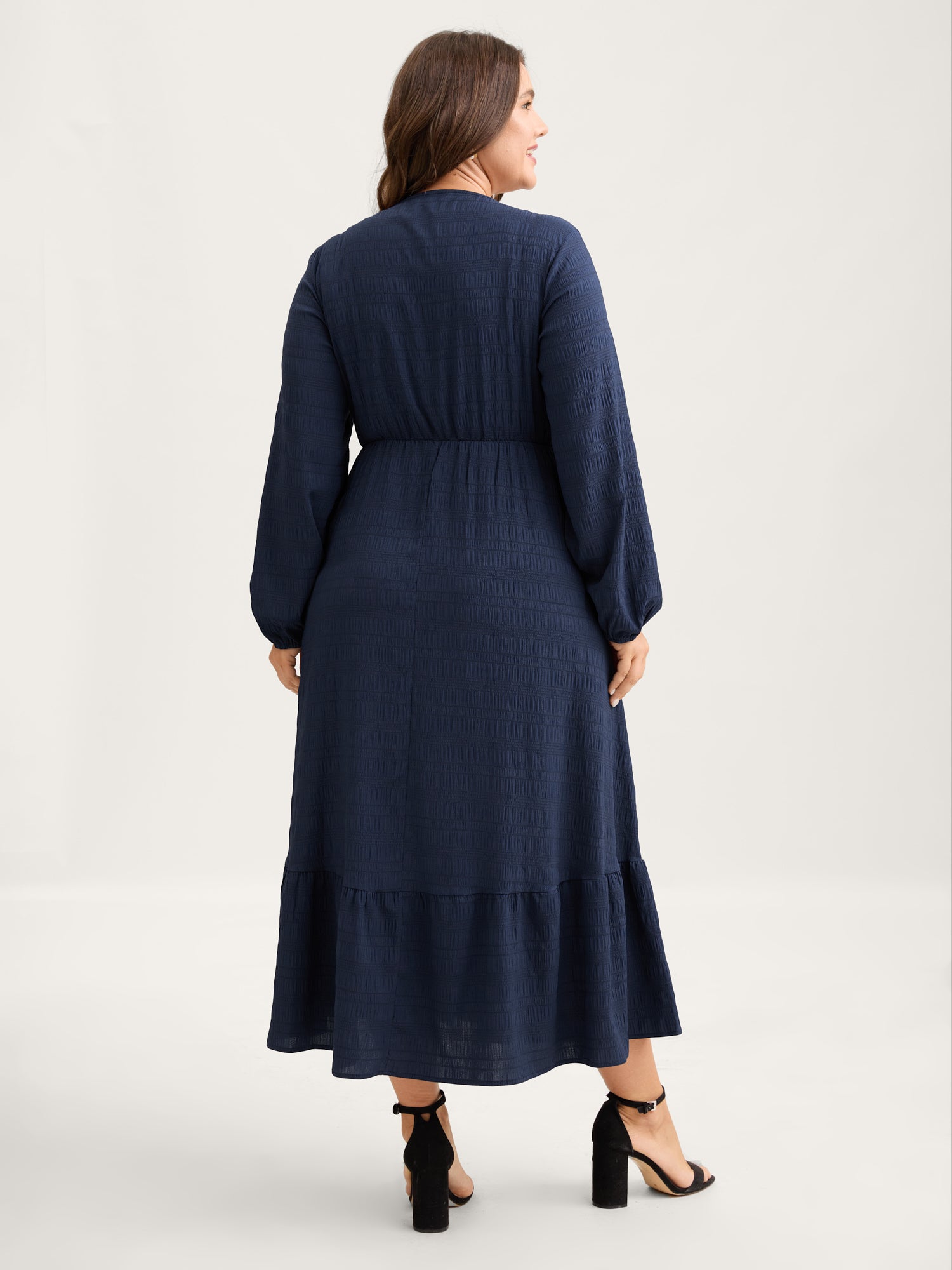 Solid Shirred Plisse Flutter Hem Dress