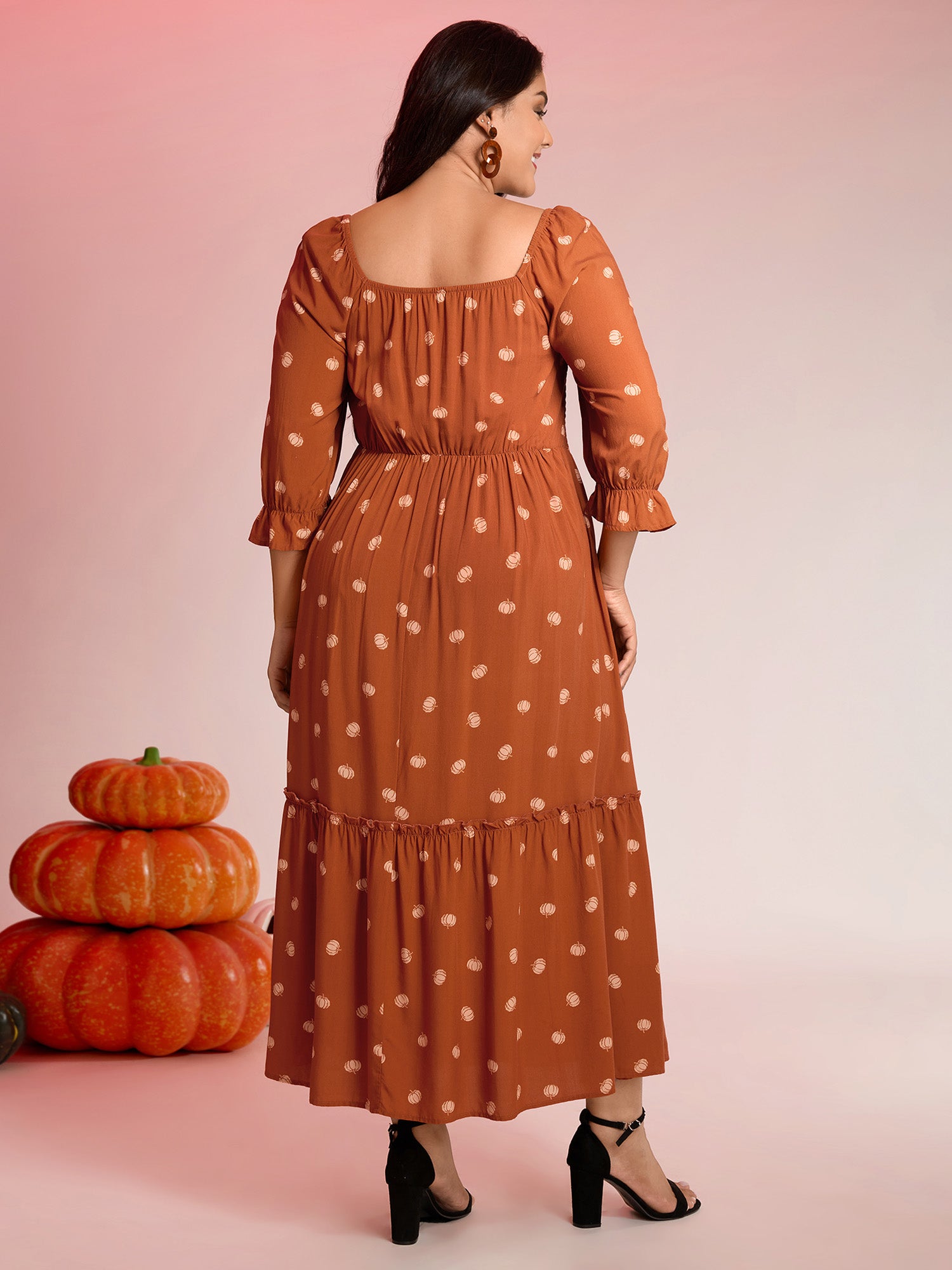 Polka Dots Shirred Bodice Pockets Maxi Dress