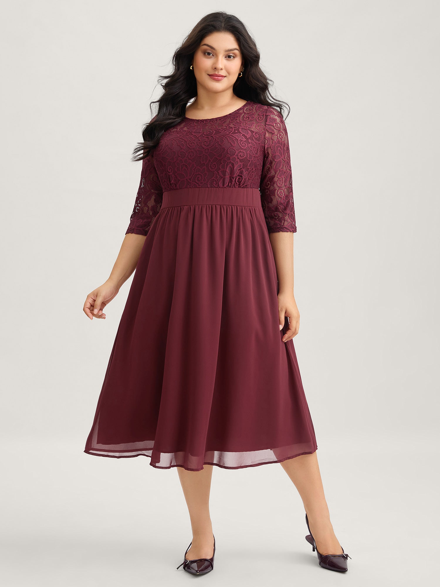 Lace Patchwork Shirred Midi Pocket Dress