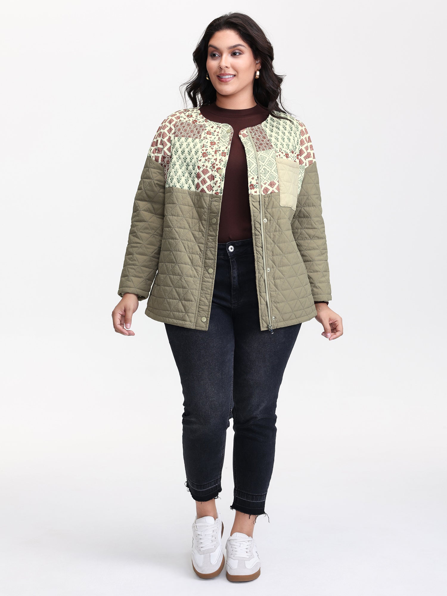 Floral Collage Print Pockets Quilted Jacket
