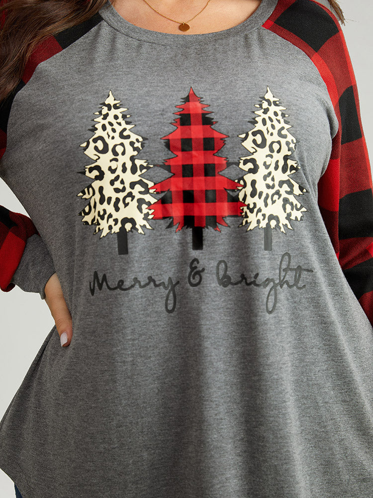 Plaid Christmas Trees Round Neck T-shirt