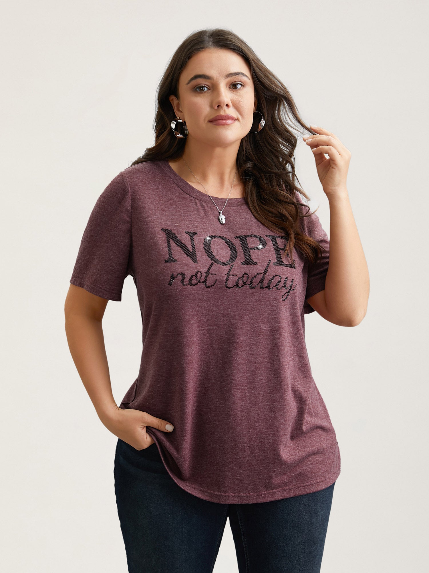Nope Not Today Print Rhinestone Round Neck T-Shirt