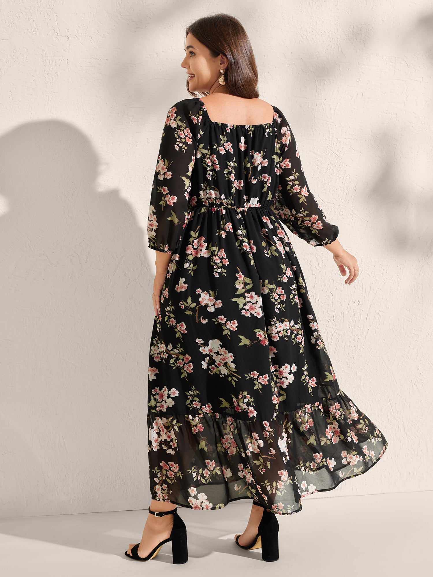 Chiffon Floral Triangular Waist Cinched Maxi Dress