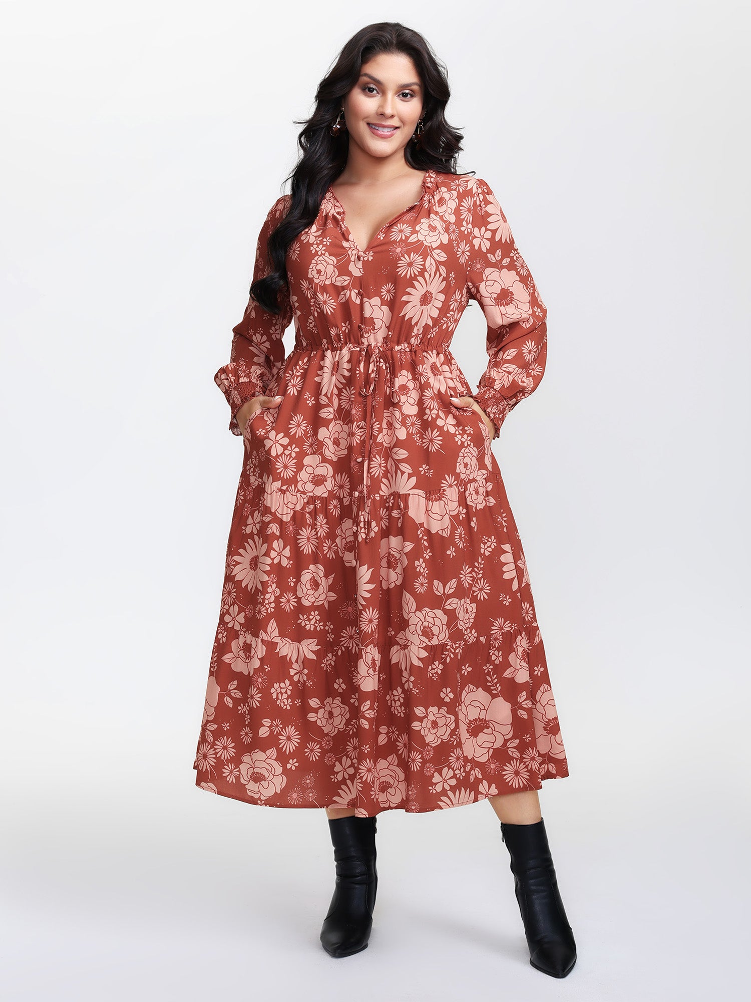 Floral Print Adjustable Waist-Tie Maxi Dress