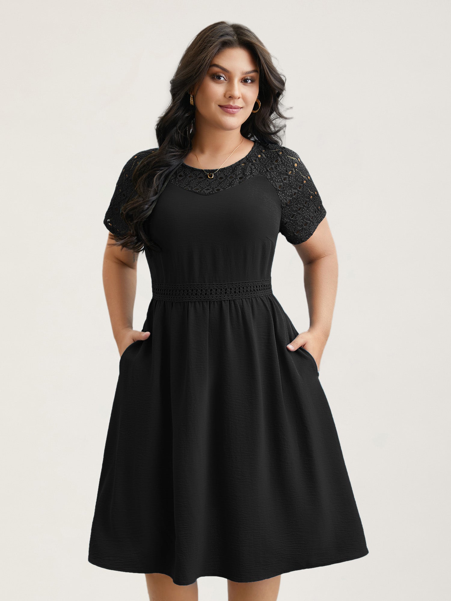Lace Cut-Out Raglan Sleeve Pockets Midi Dress