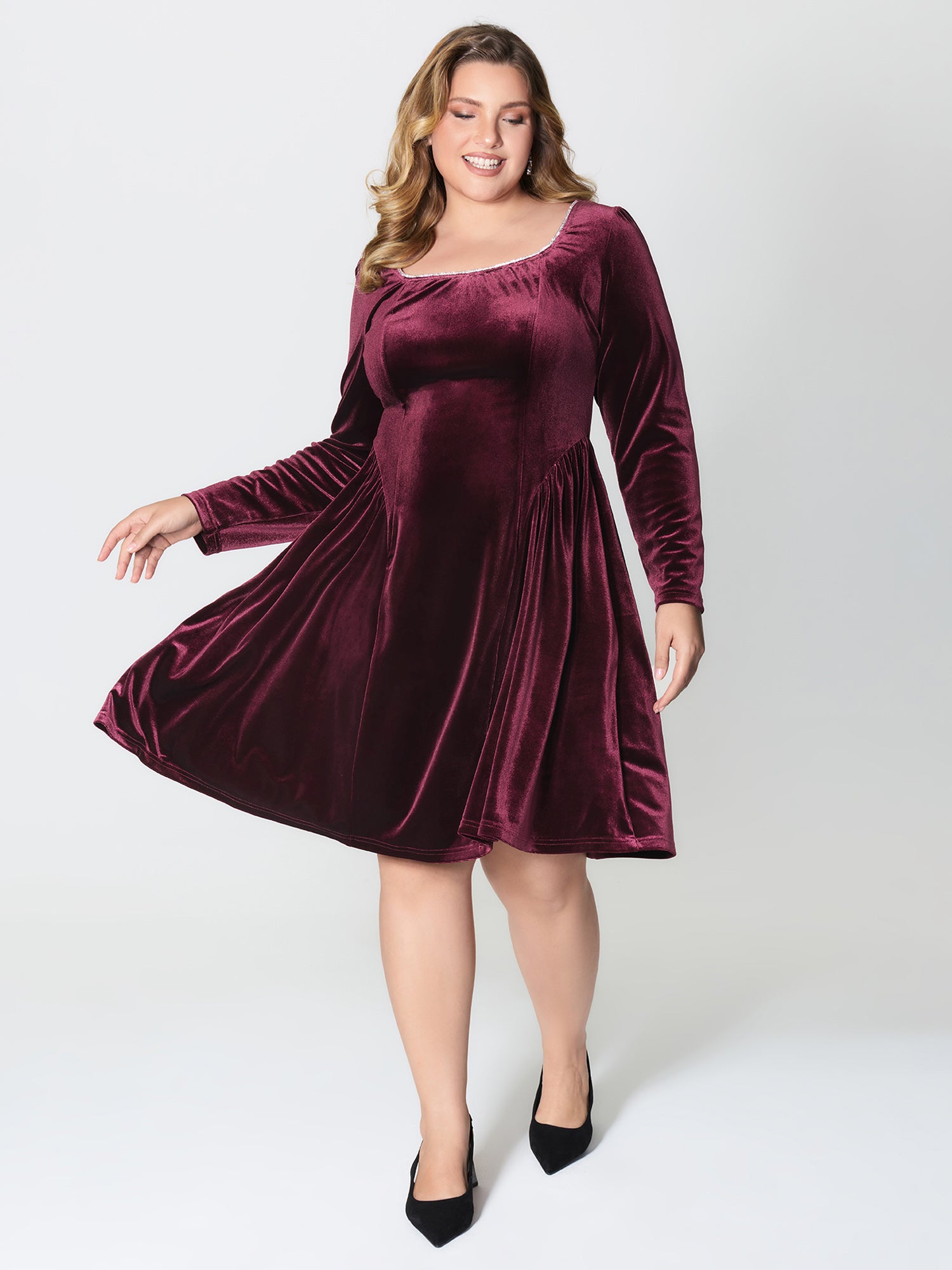 Velvet Structured Pleated Bodice Midi Dress