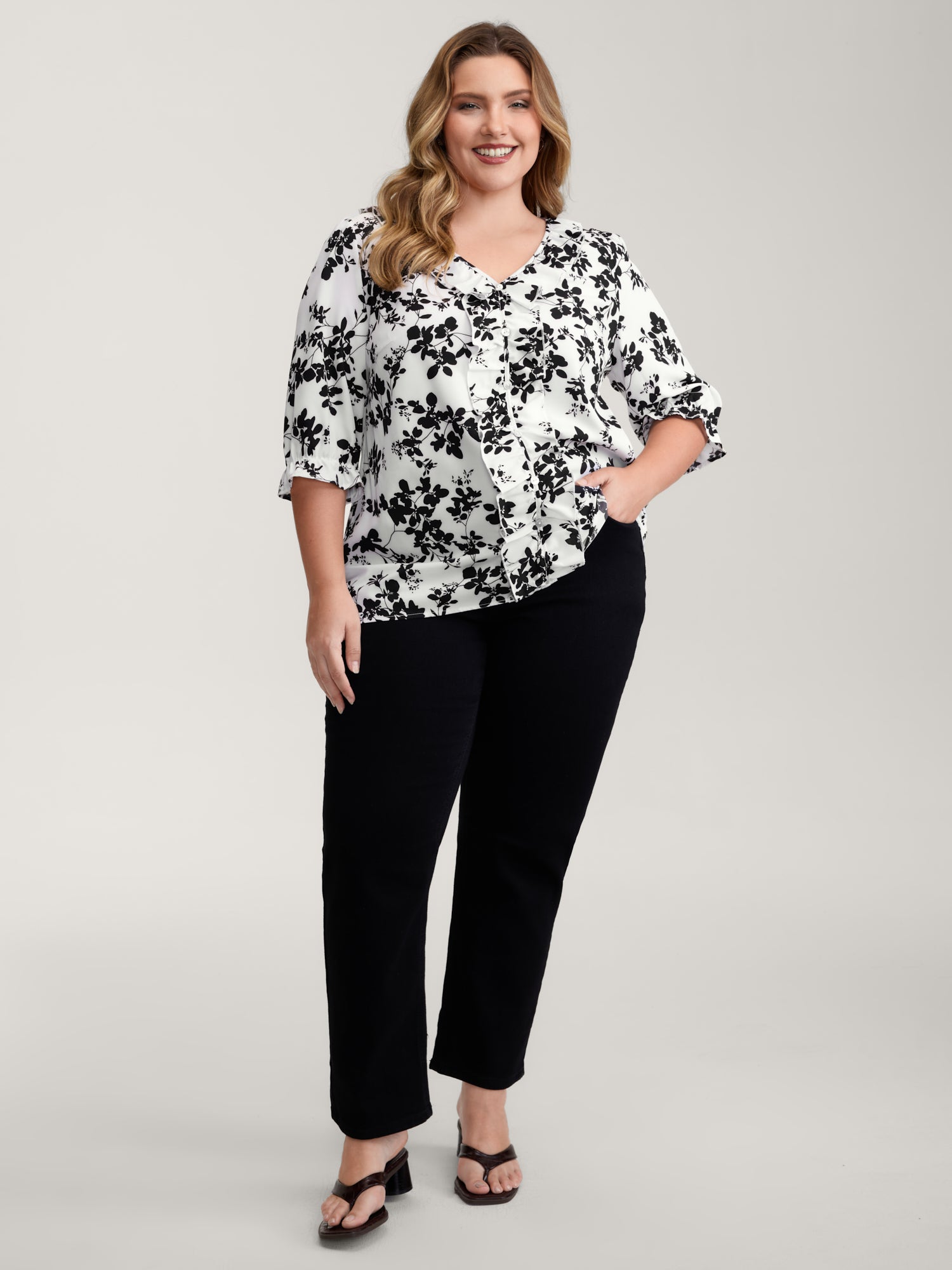 Fall Silhouette Florals Button Ruffled Blouse