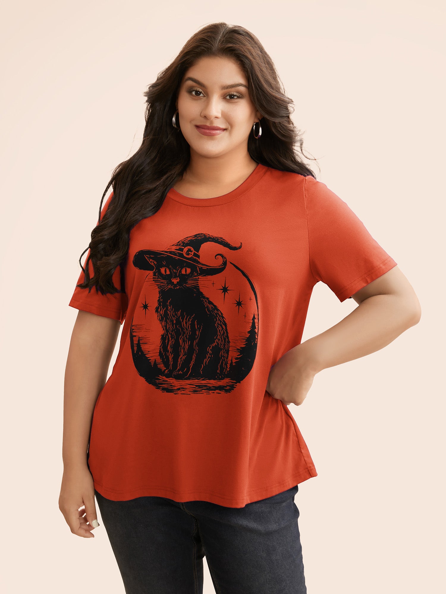 Bewitched Cat Printed Crew Neck T-shirt