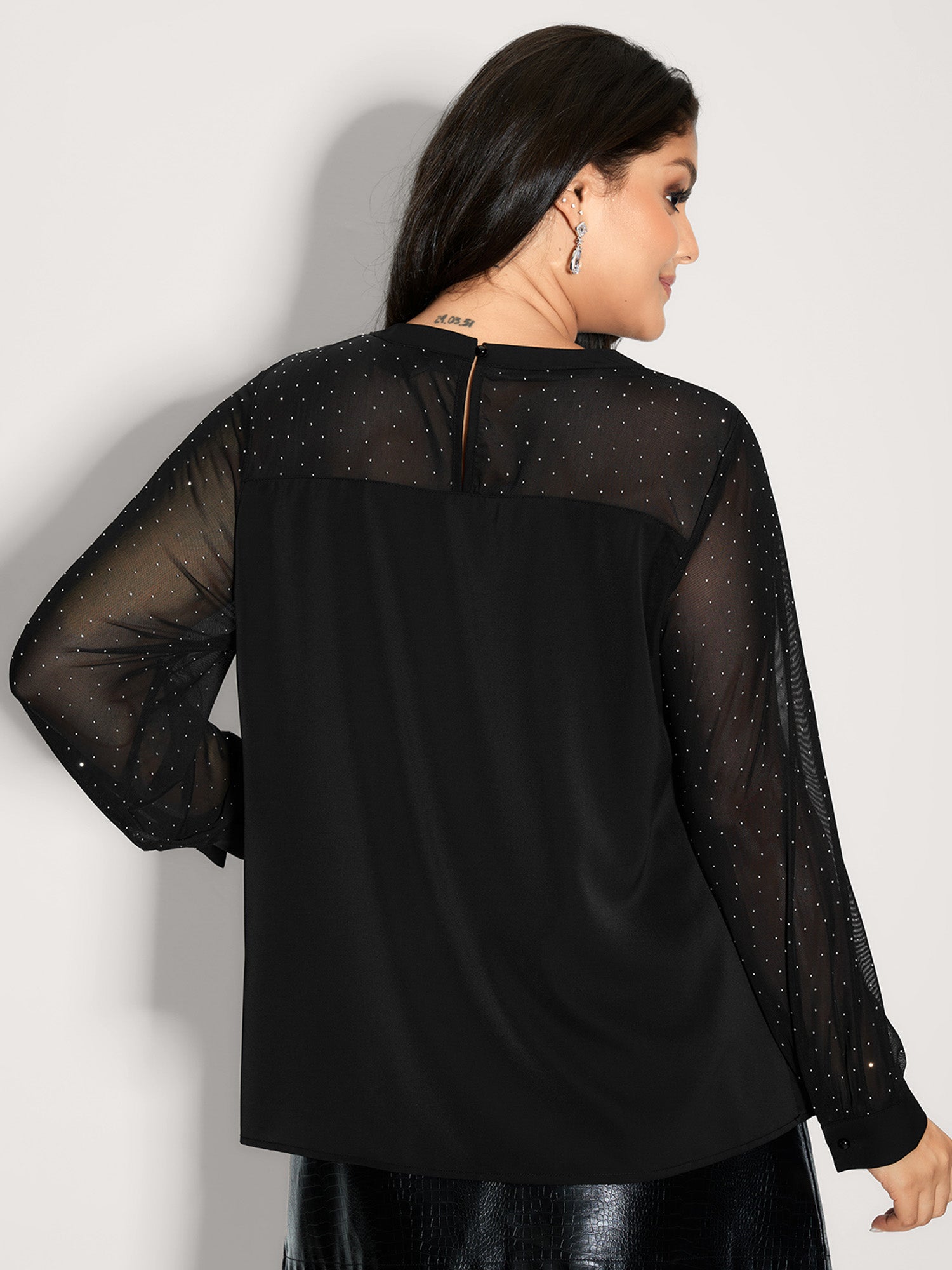 Hotfix Rhinestones Sheer Blouse