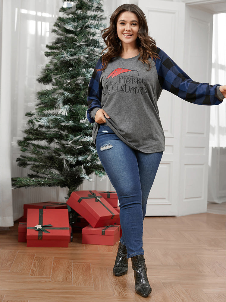 Letter Print Round Neck Plaid Long Tee