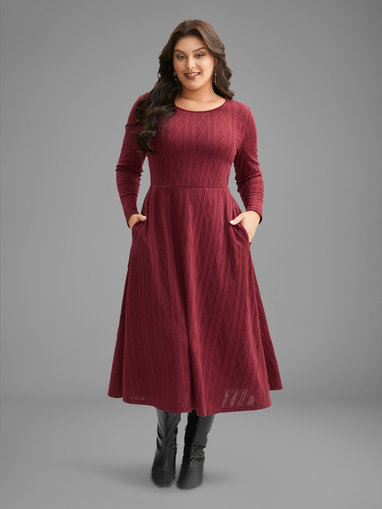 Textured Knit Fit-And-Flare Midi Dress