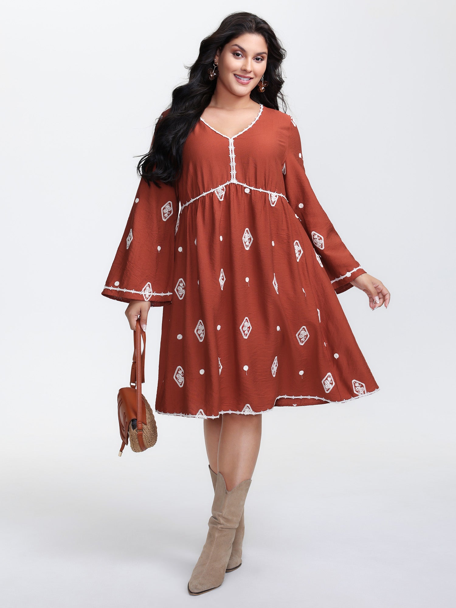 Embroidered Stretchy Waist Contrast Midi Dress