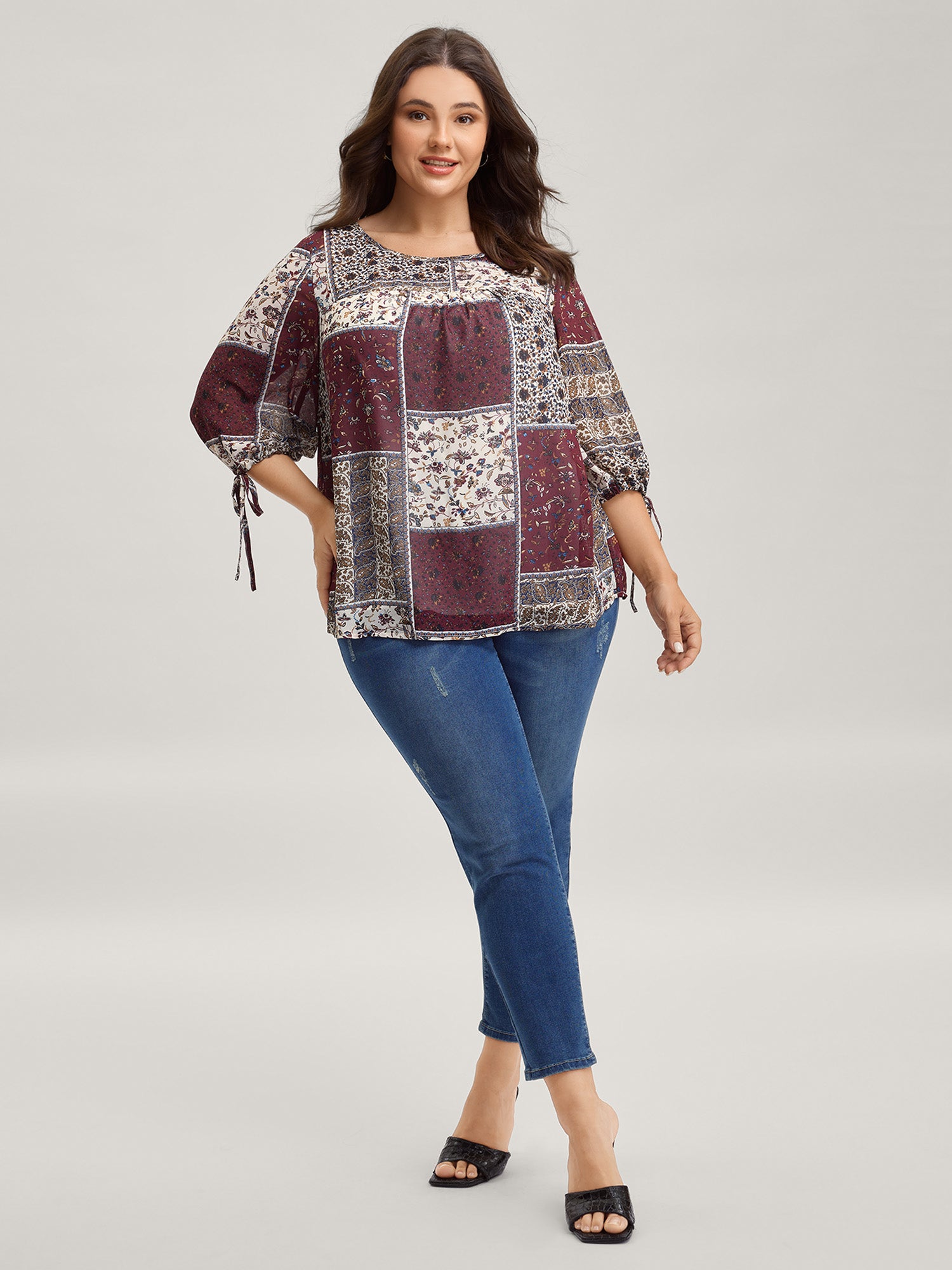 Boho Collage Print Sleeve-Tie Blouse