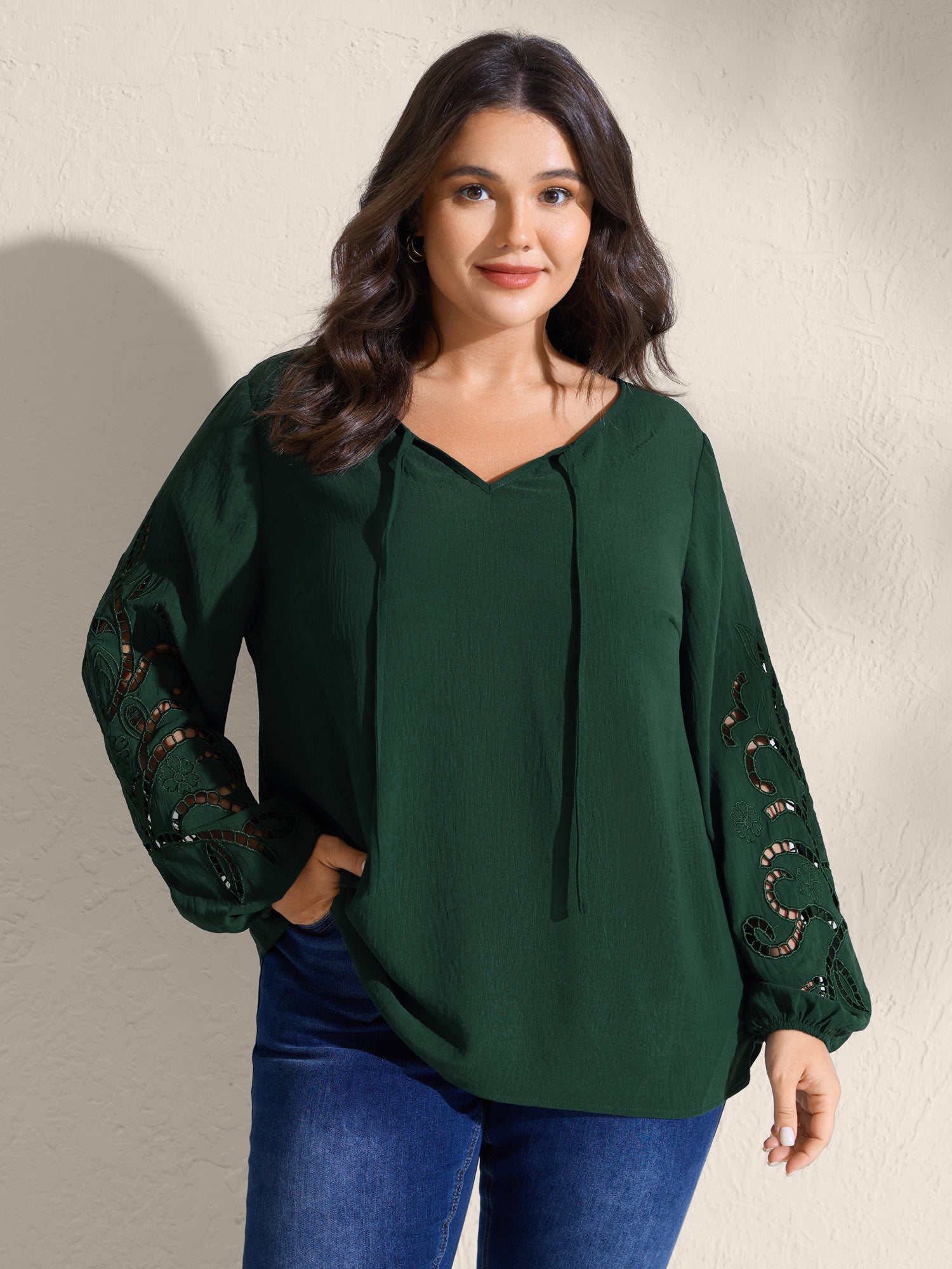 Embroidered Cut-Out Sleeve Solid Blouse