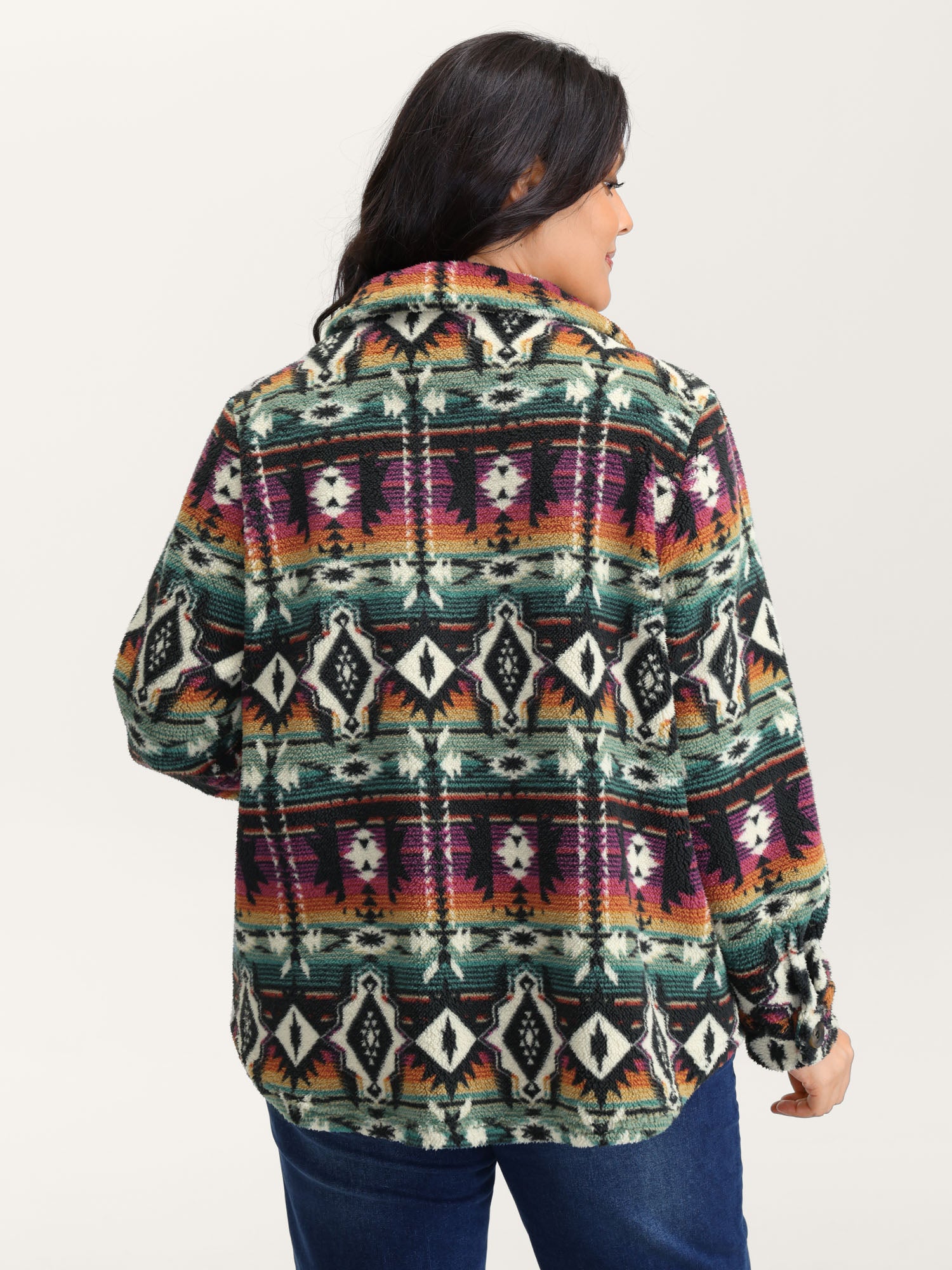 Geometric Velvet Button Pockets Coat