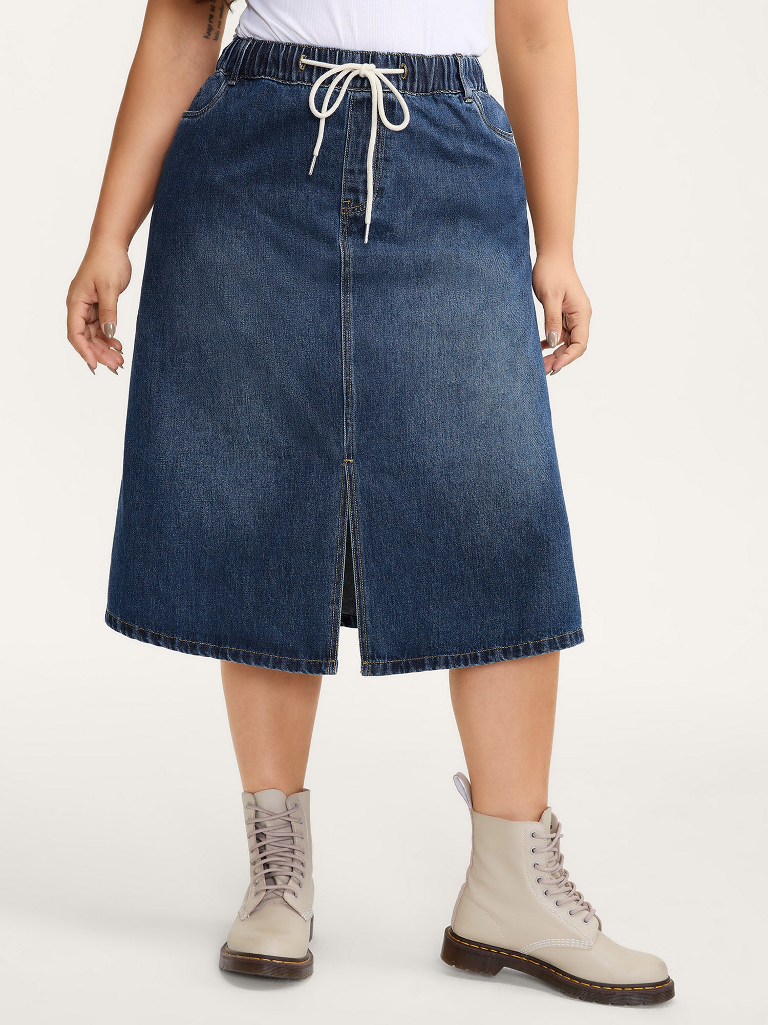 Drawstring Front Slit Stretchy Waist Midi Denim Skirt