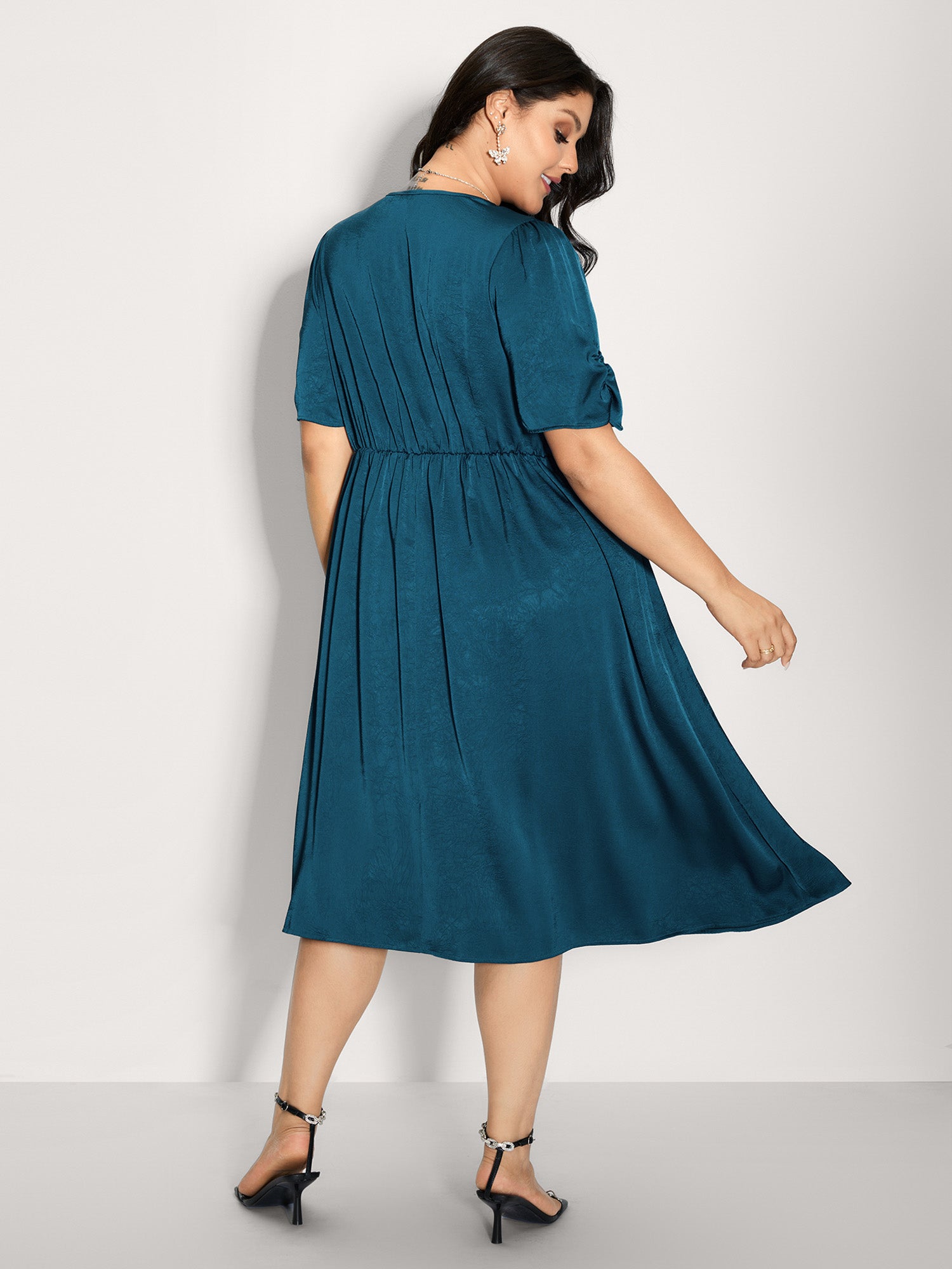 Satin-Like Ruched Sleeve Midi Dress
