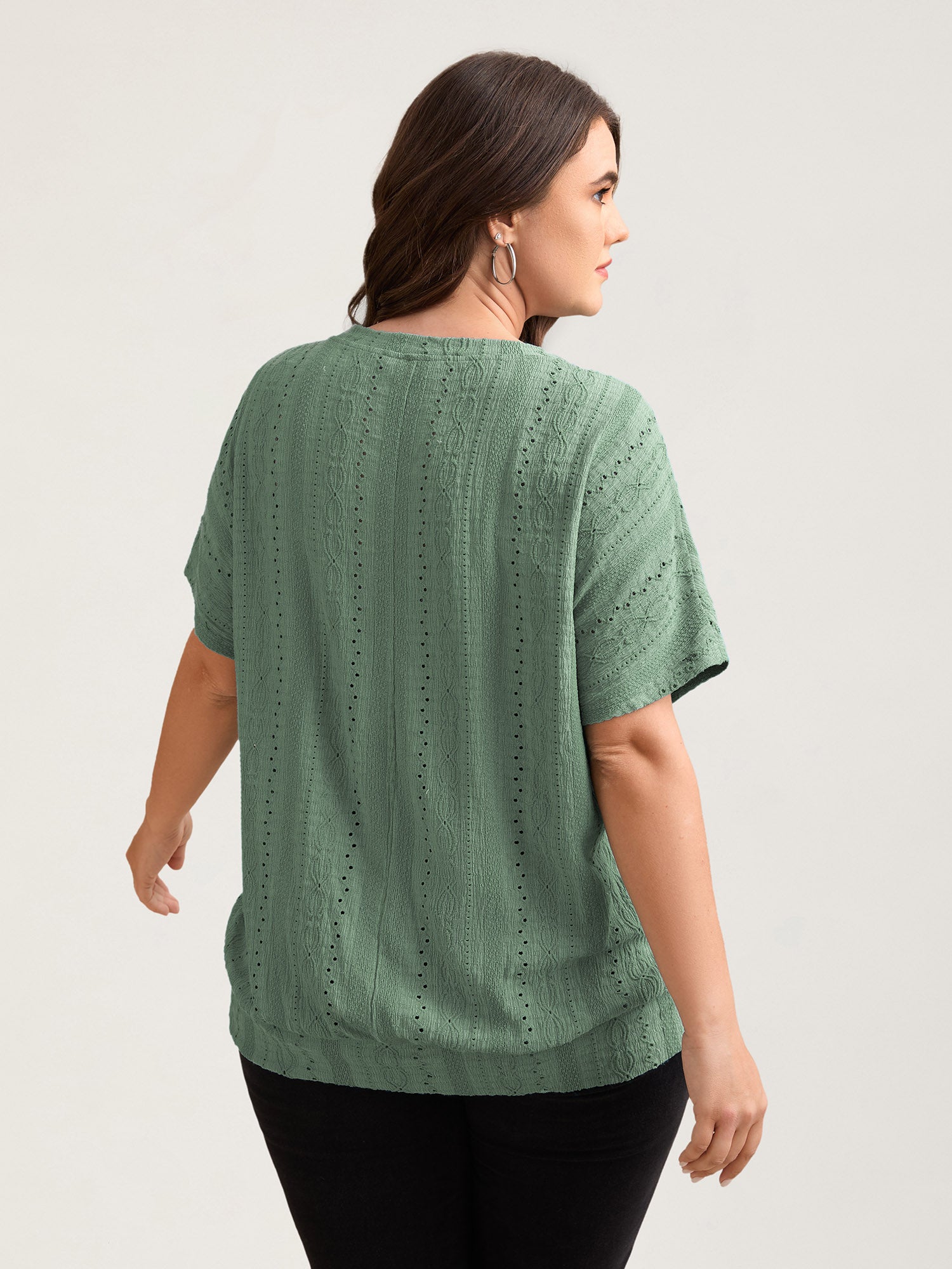 Eyelet Trim Stretchy Textured Plain Top