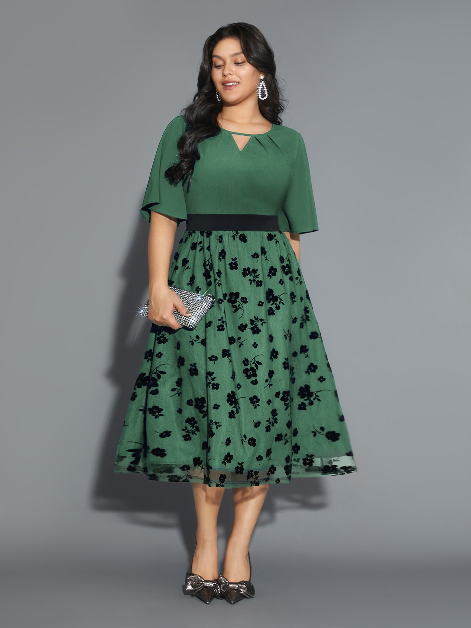 Floral Embroidered Mesh keyhole Dress