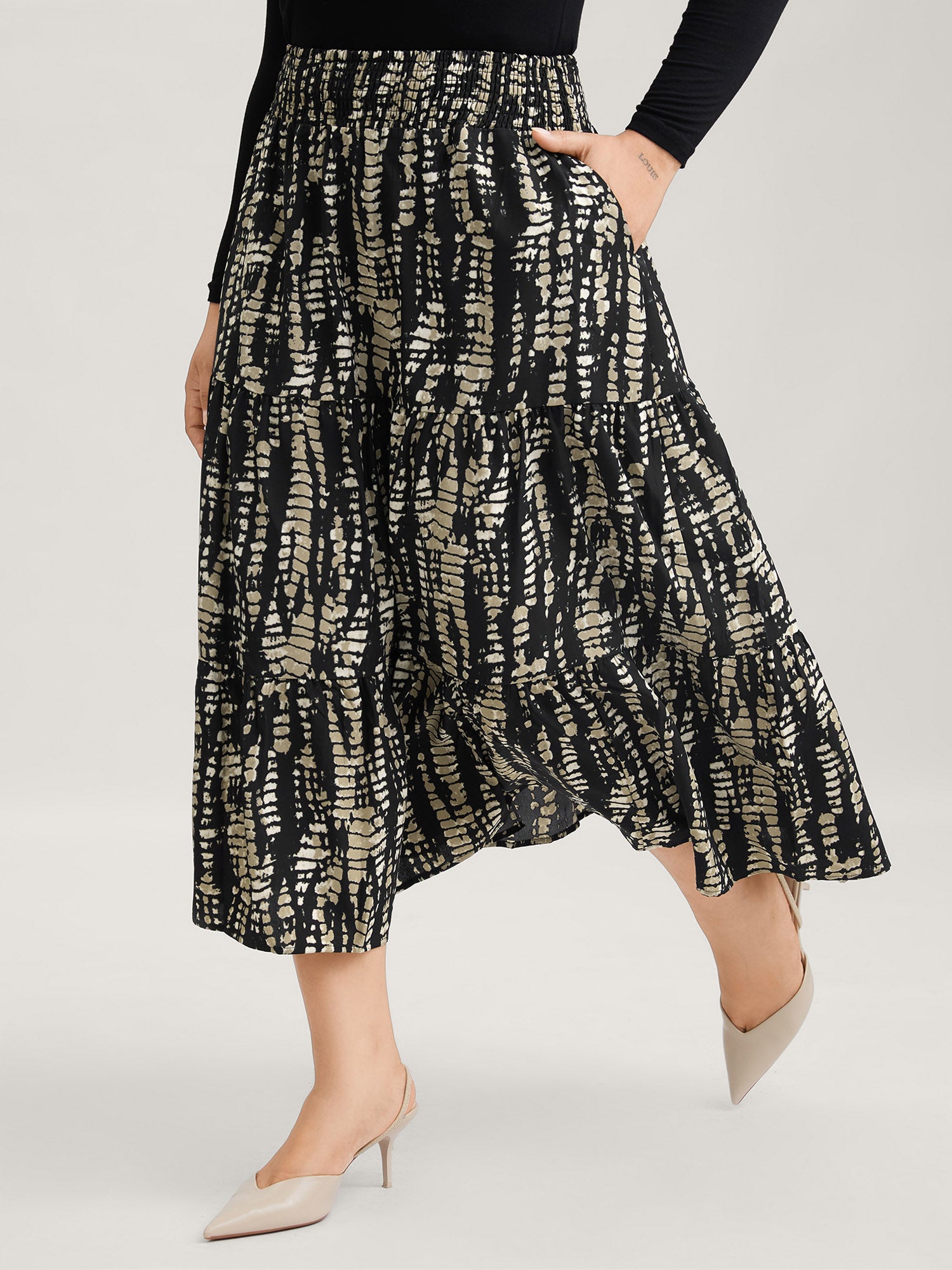 Geometric Shirred Ruffle Layered Hem Skirt