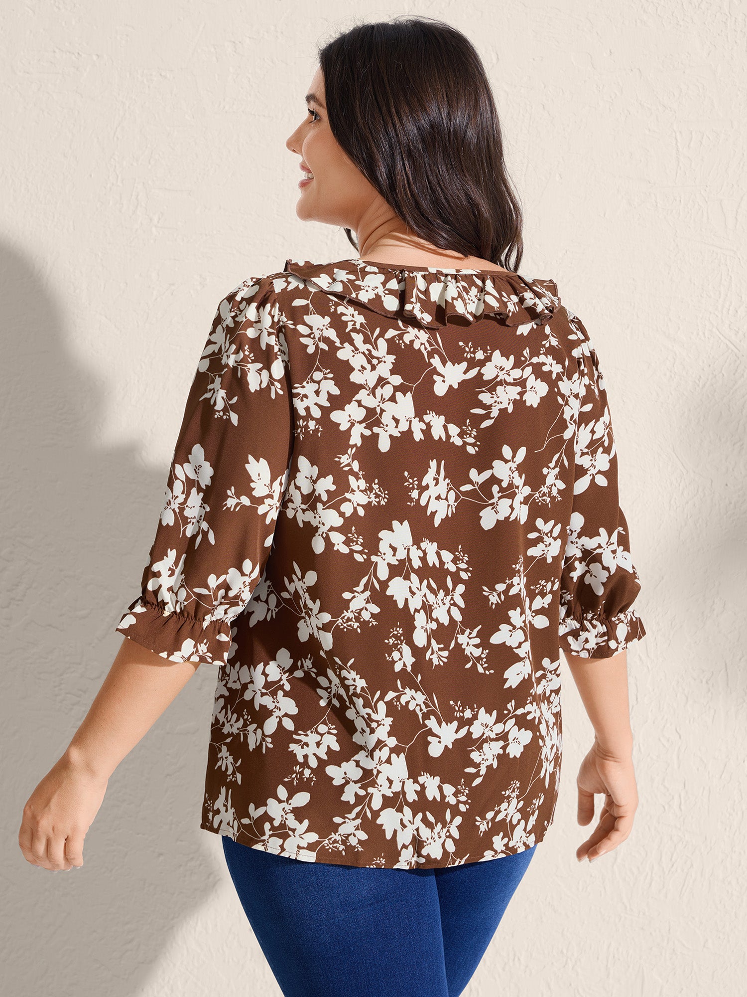 Fall Silhouette Florals Button Ruffled Blouse