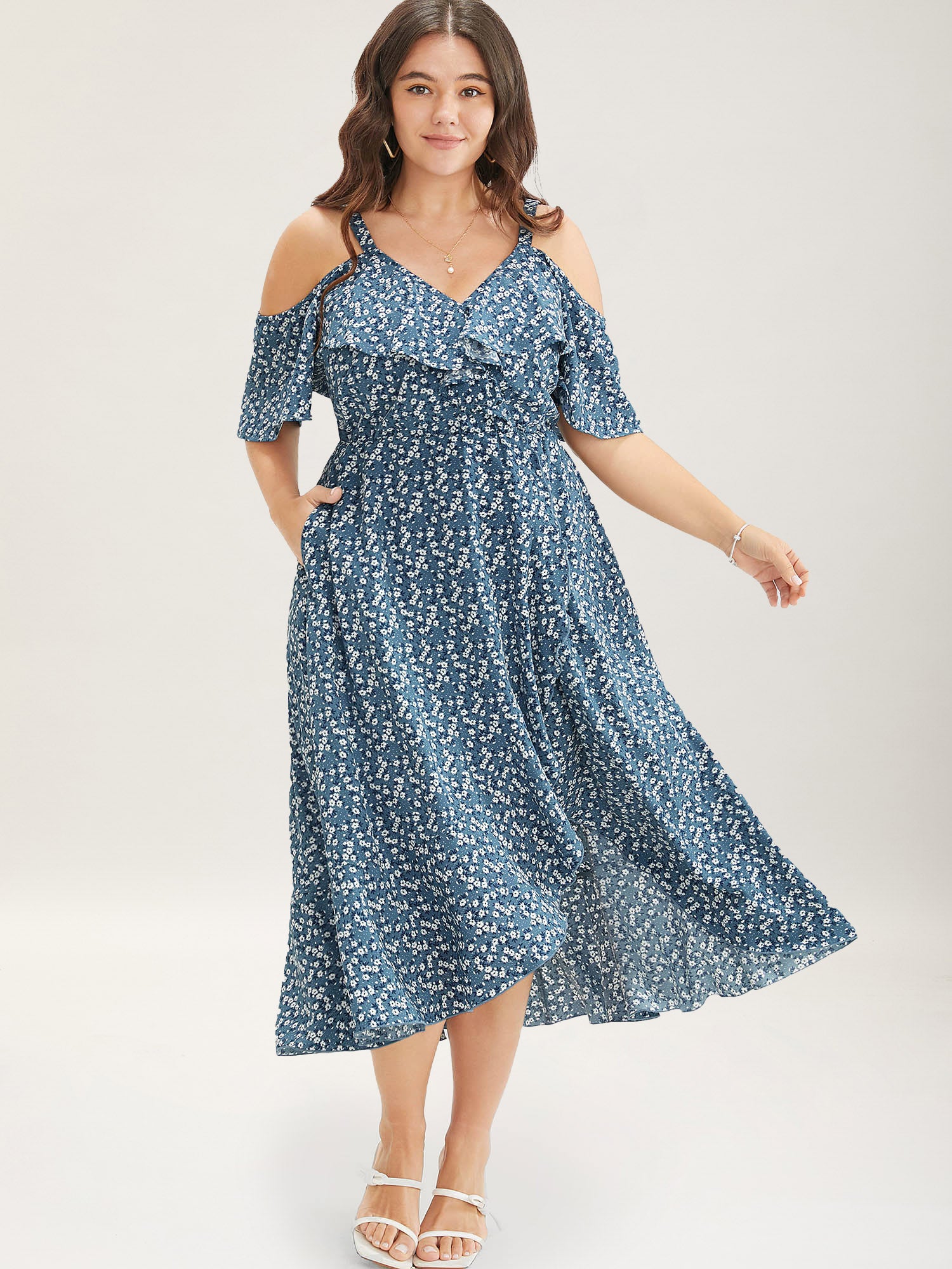 Ditsy Floral Pocket Wrap Cold Shoulder Ruffle Dress
